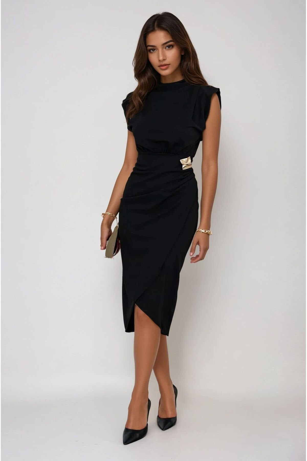 KADIN VATKALI BROŞ DETAYLI ESNEK KUMAŞ ANVELOP KESİM DÜĞÜN DAVET SÖZ NİŞAN ELBİSESİ