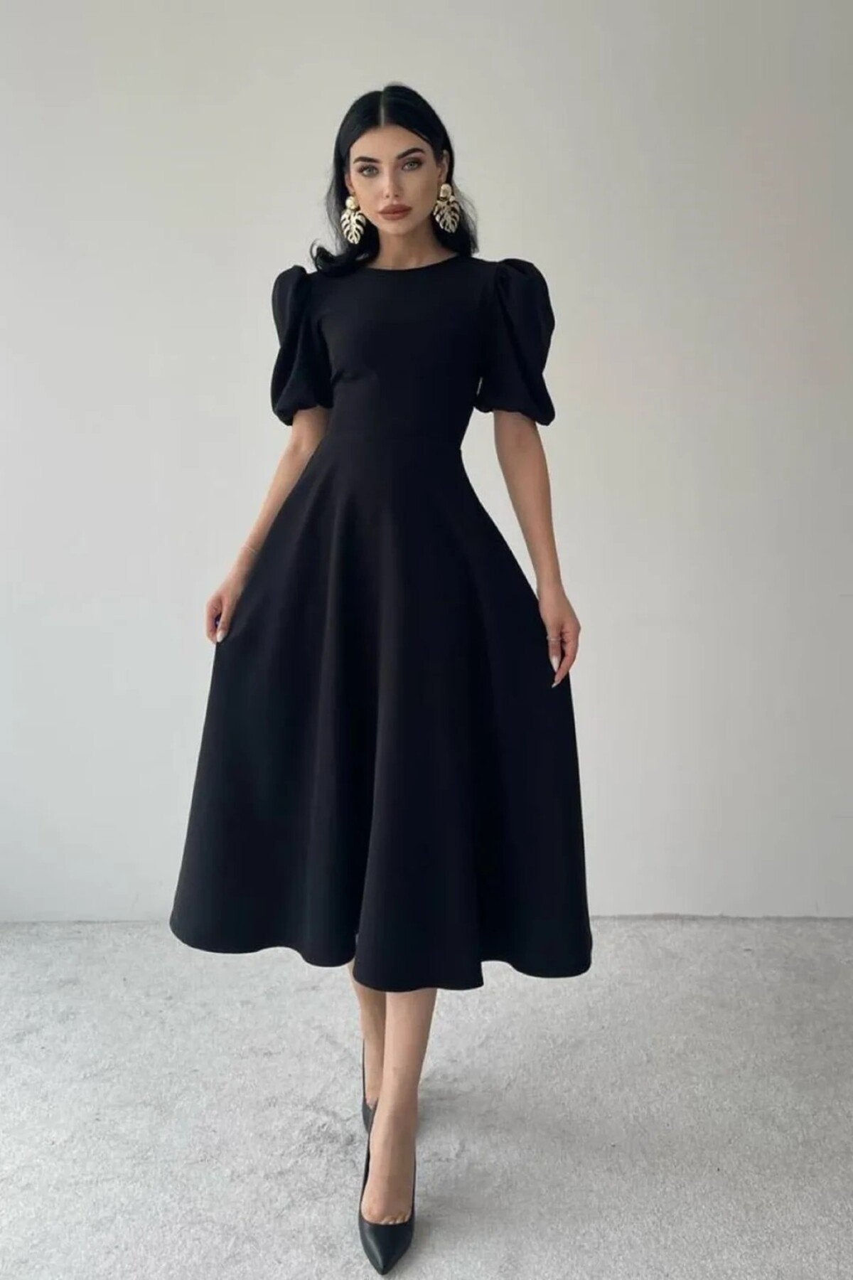 KADIN BALON KOL ETEĞİ KLOŞ MİDİ BOY ELBİSE