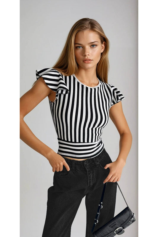 KADIN SIRTI FİYONKLU OMUZLARI FIRFIRLI WAFFLE KUMAŞ ÇİZGİLİ BLUZ