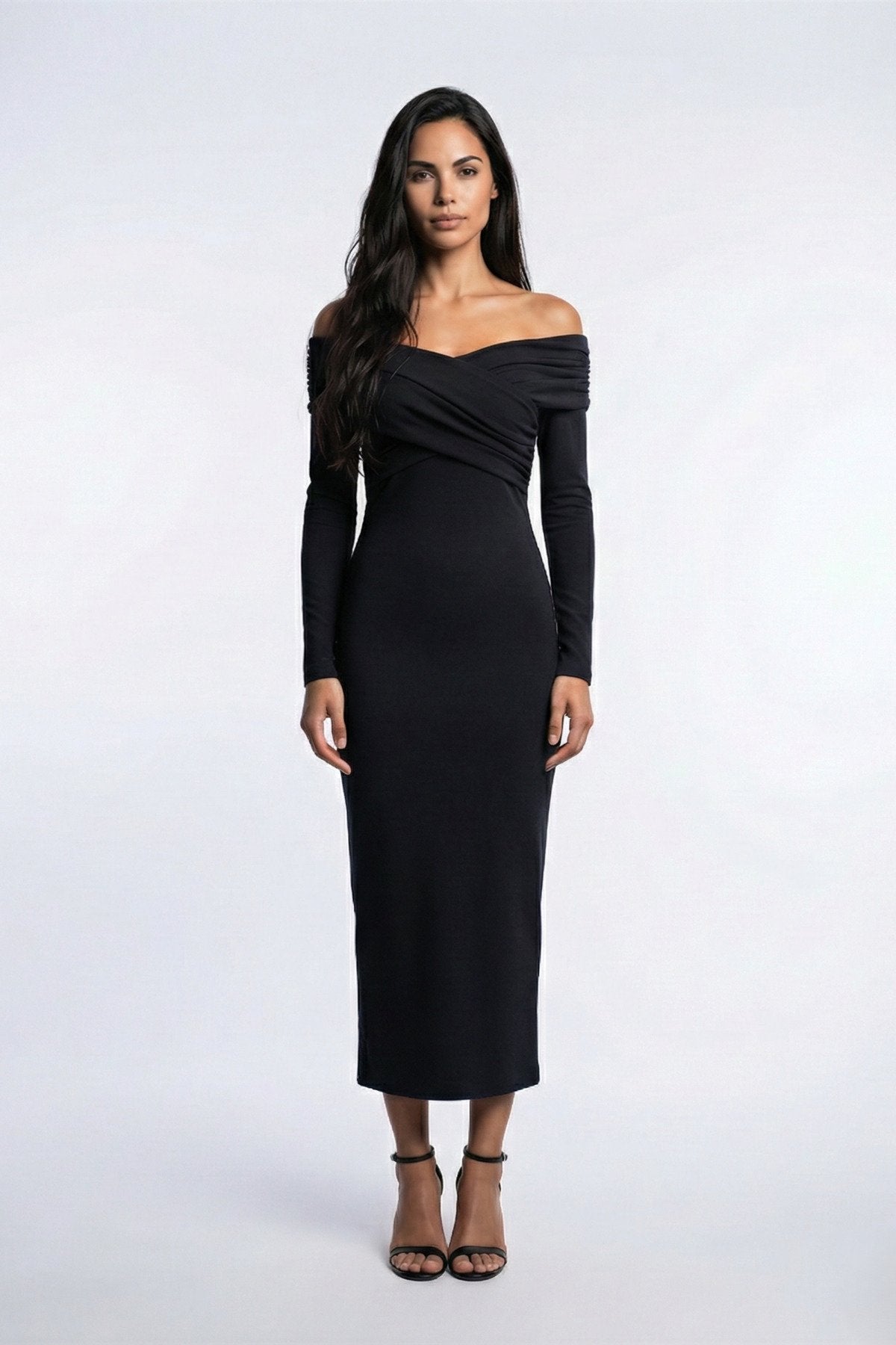 KADIN ÇAPRAZ YAKA DRAPE DETAYLI ESNEK KUMAŞ TASARIM ELBİSE