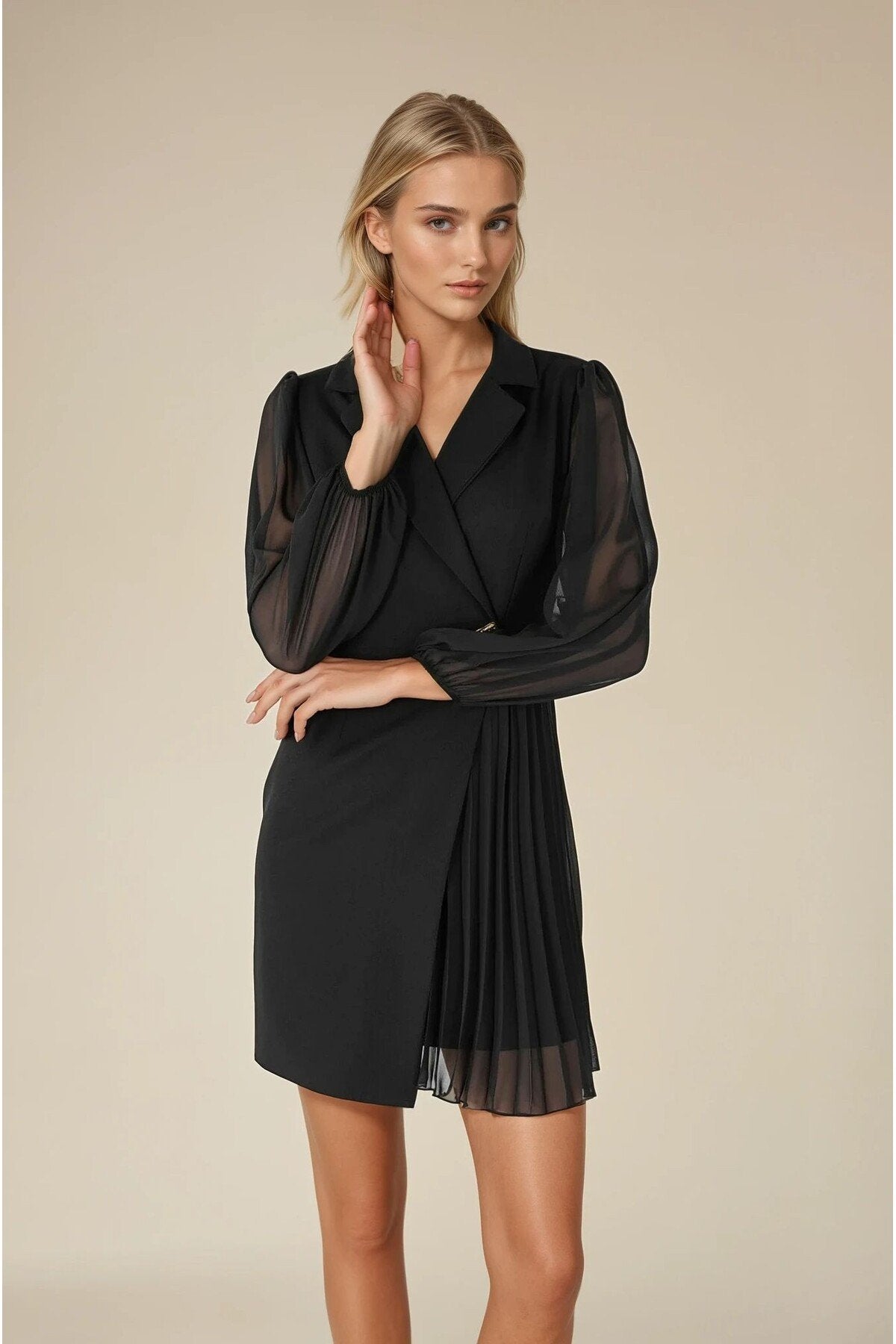 KADIN ETEĞİ PİLİSELİ KRUVAZE YAKA KOLLARI ŞİFON DAVET DÜĞÜN BALO MEZUNİYET İÇİN ABİYE CEKET ELBİSE