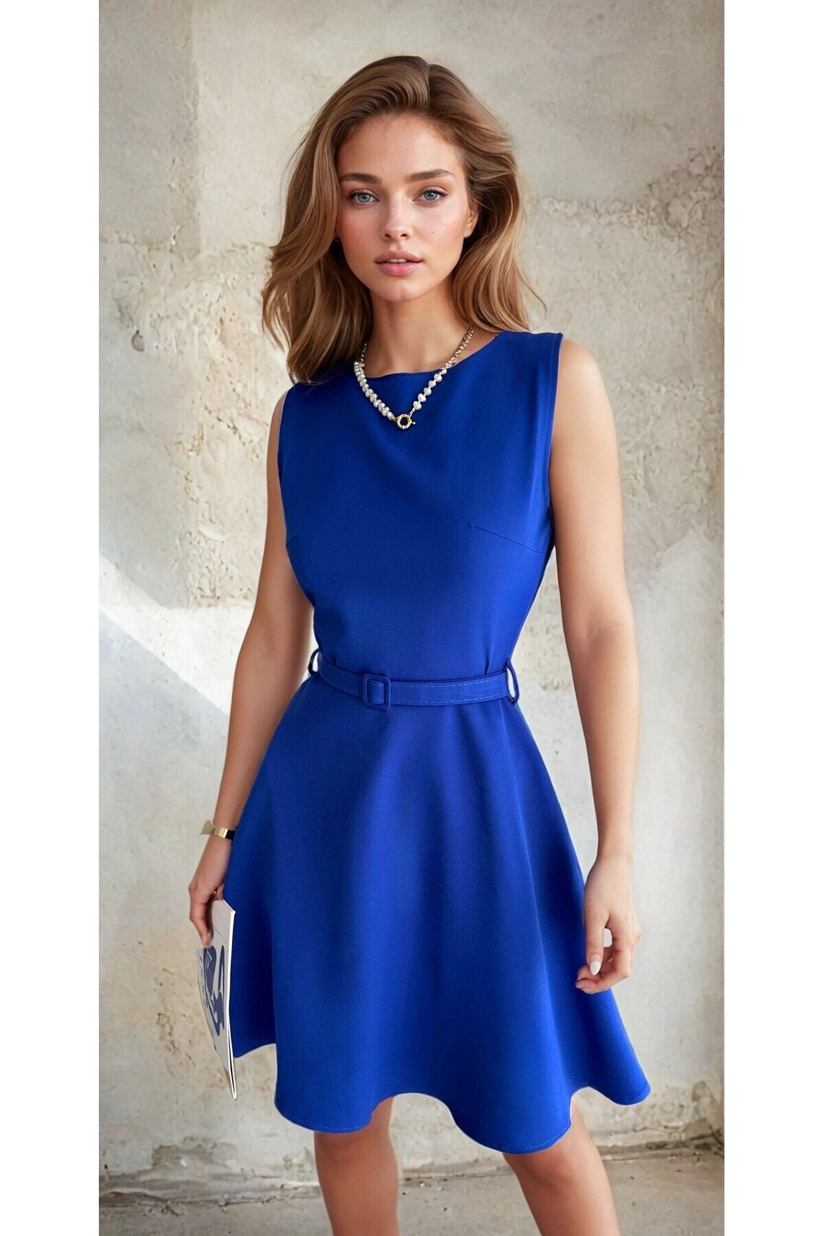 KADIN ATLAS KUMAŞ KEMERLİ VE CEPLİ KLOŞ ELBİSE