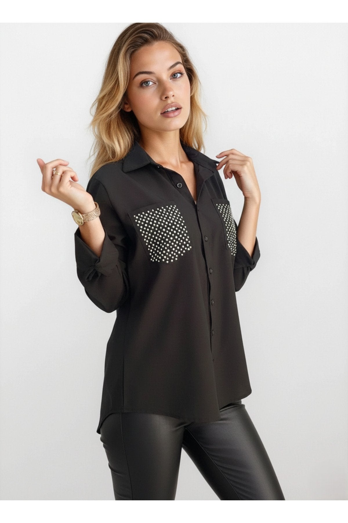 KADIN CEPLERİ TAŞLI UZUN KOL GÖMLEK