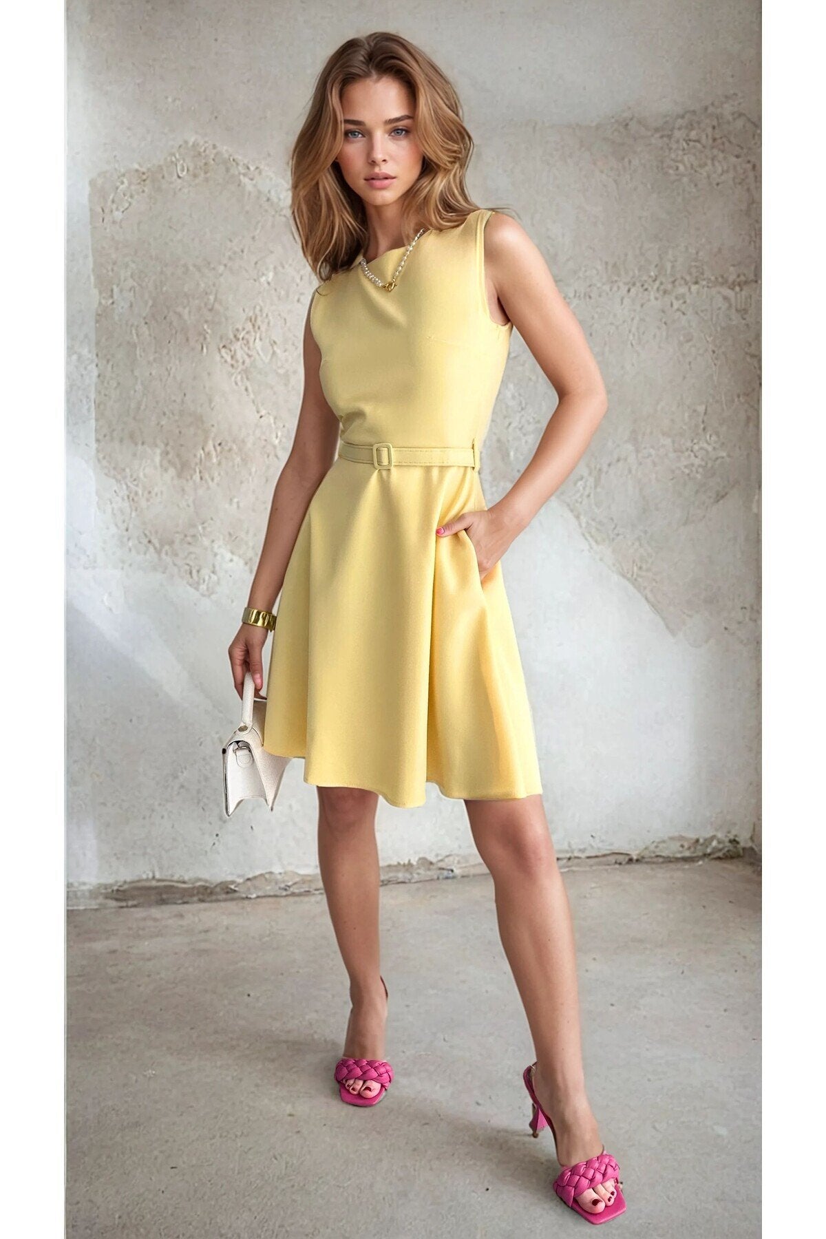 KADIN ATLAS KUMAŞ KEMERLİ VE CEPLİ KLOŞ ELBİSE