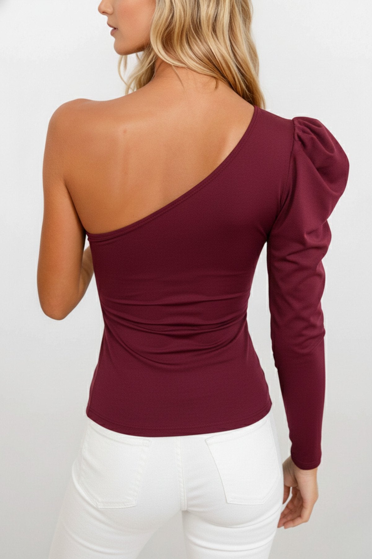 KADIN VATKALI TEK OMUZ TASARIM ESNEK ÖRME KUMAŞ BLUZ