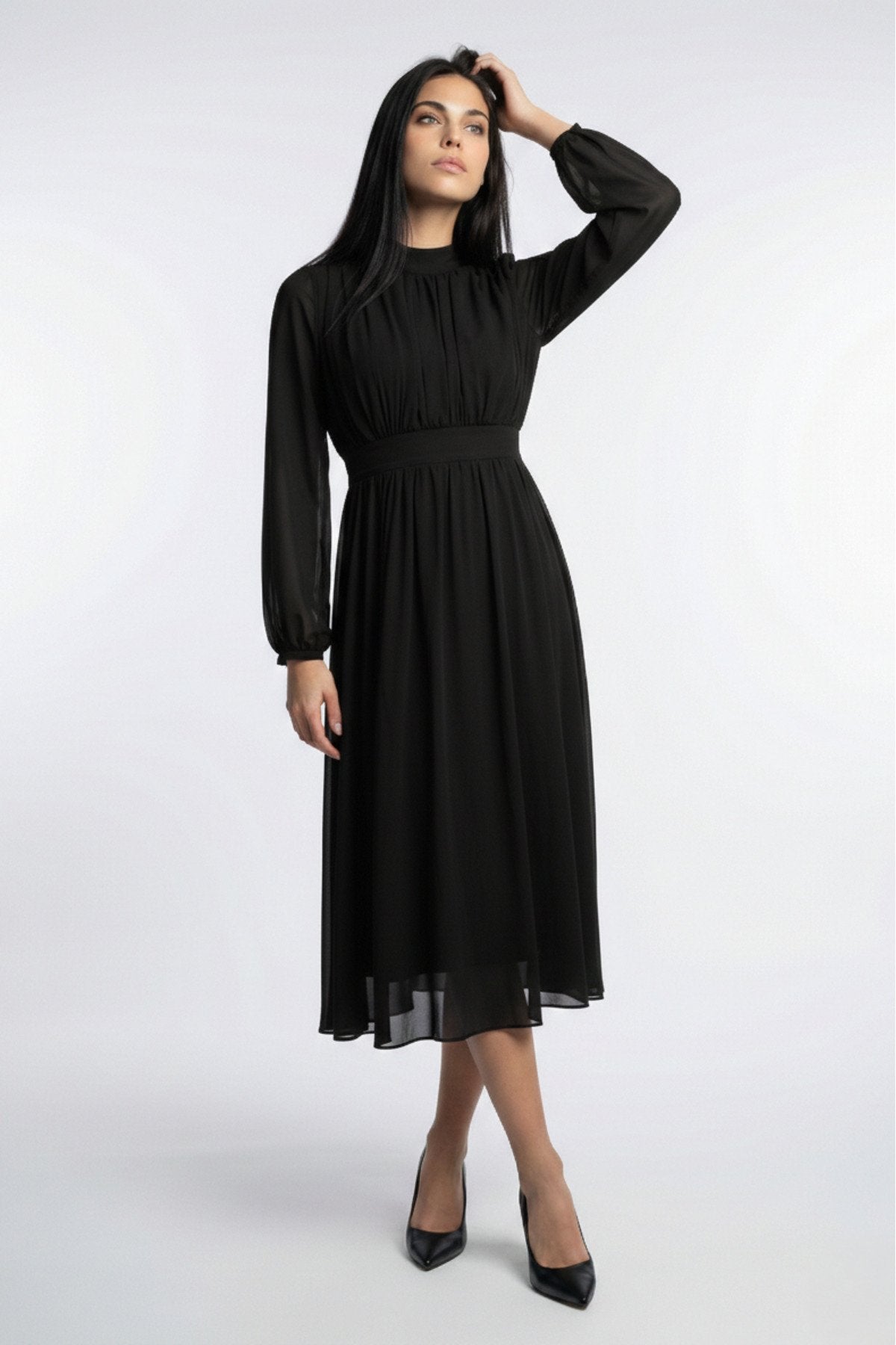 KADIN YARIM BALIKÇI YAKA BÜZGÜ DETAYLI ASTARLI MİDİ BOY ŞİFON ELBİSE