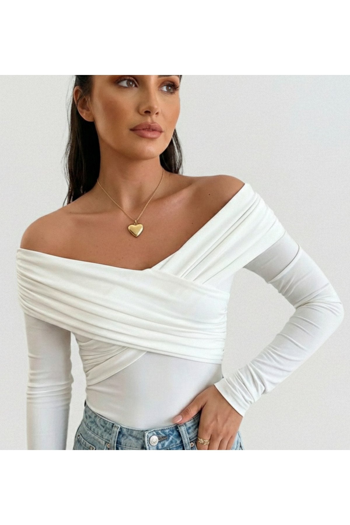 KADIN ÇAPRAZ YAKA DRAPE DETAYLI ESNEK KUMAŞ TASARIM BLUZ