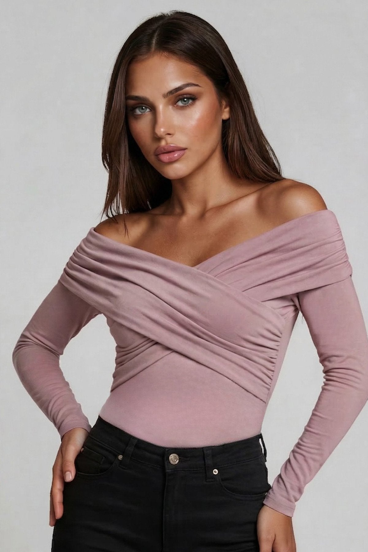 KADIN ÇAPRAZ YAKA DRAPE DETAYLI ESNEK KUMAŞ TASARIM BLUZ