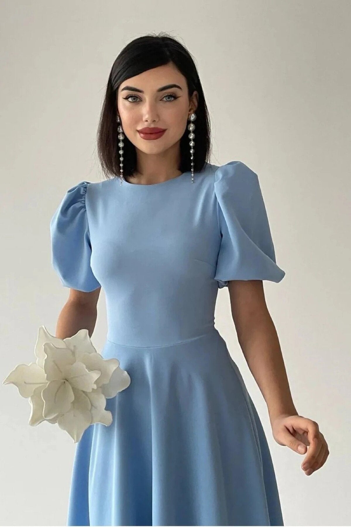 KADIN BALON KOL ETEĞİ KLOŞ MİDİ BOY ELBİSE