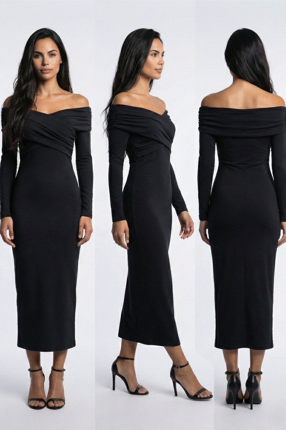 KADIN ÇAPRAZ YAKA DRAPE DETAYLI ESNEK KUMAŞ TASARIM ELBİSE