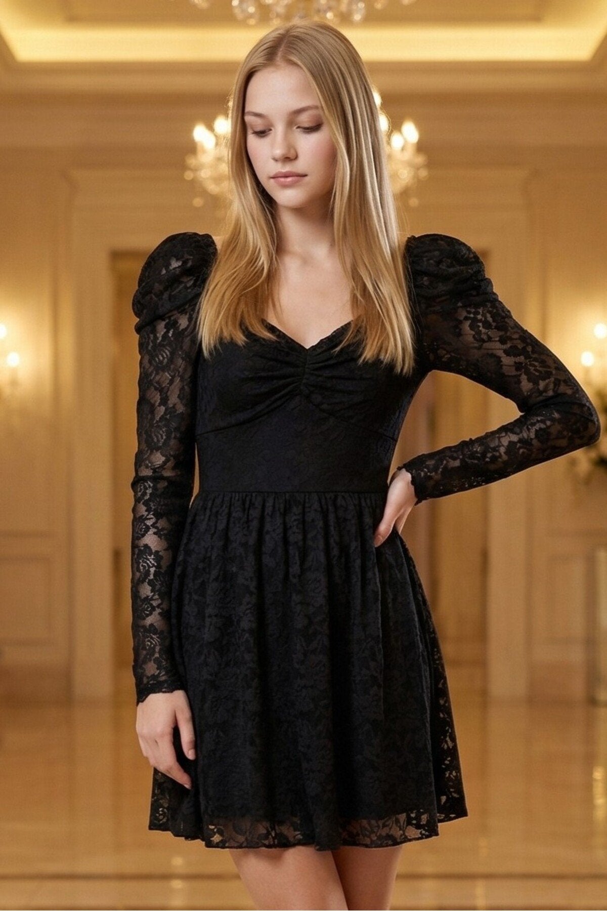 KADIN KLOŞ KESİM ÖNÜ BÜZGÜLÜ PREMIUM ESNEK DANTEL KUMAŞ ASTARLI BALO MEZUNİYET DAVET ELBİSESİ