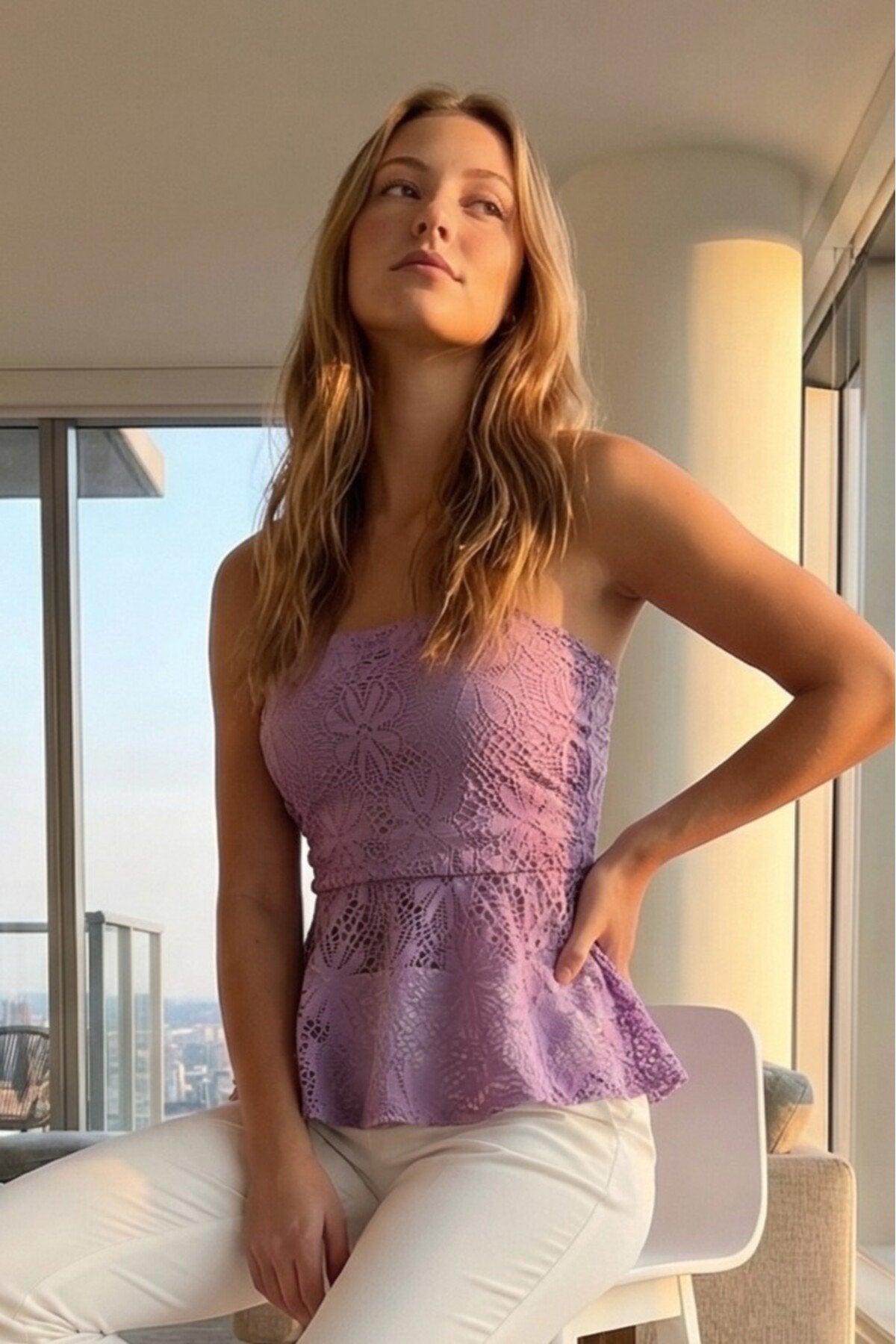 KADIN STRAPLEZ ASTARLI DANTEL KUMAŞ PEPLUM BLUZ