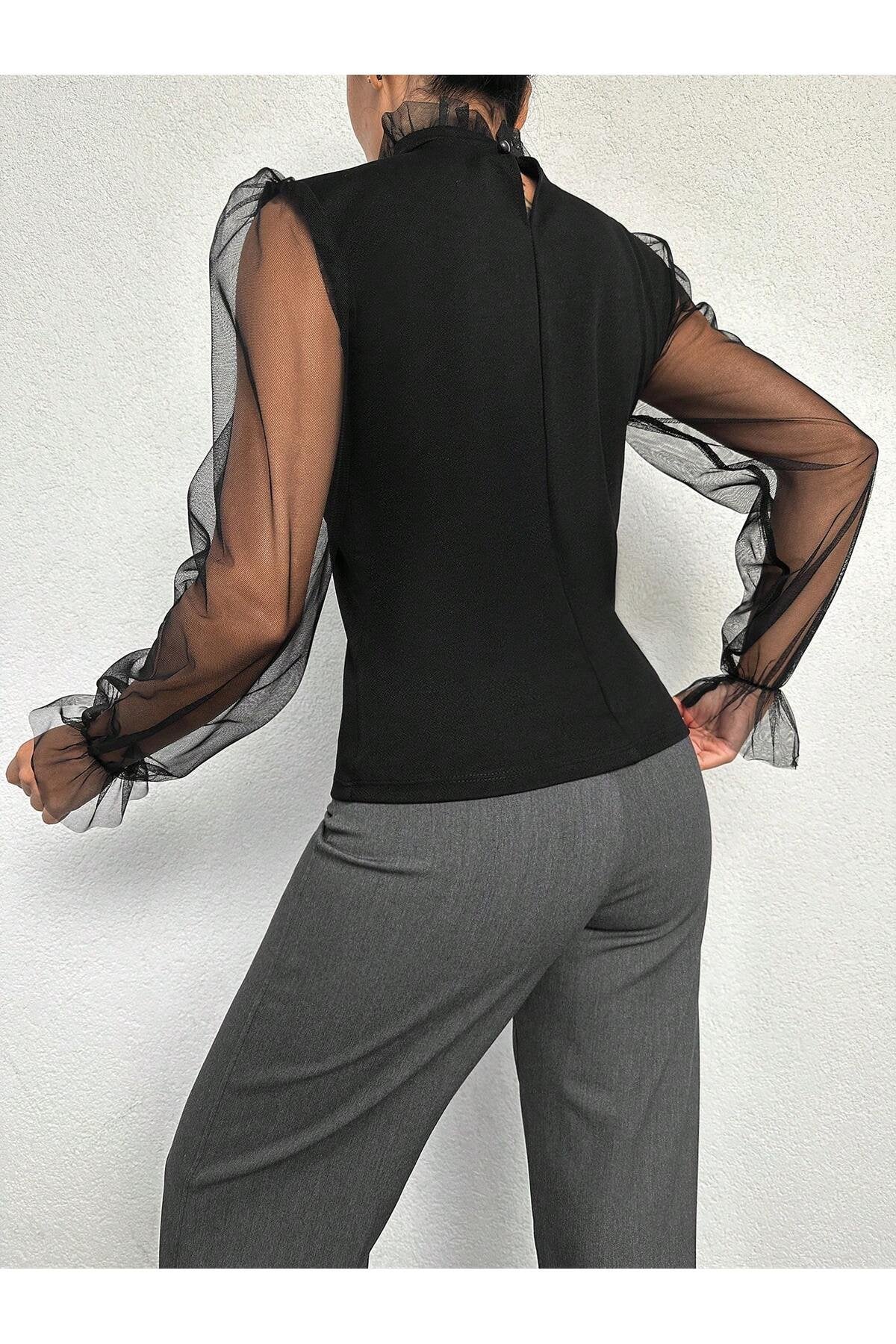 KADIN YAKASI FIRFIRLI KOLU TÜL ESNEK ÖRME KUMAŞ BLUZ