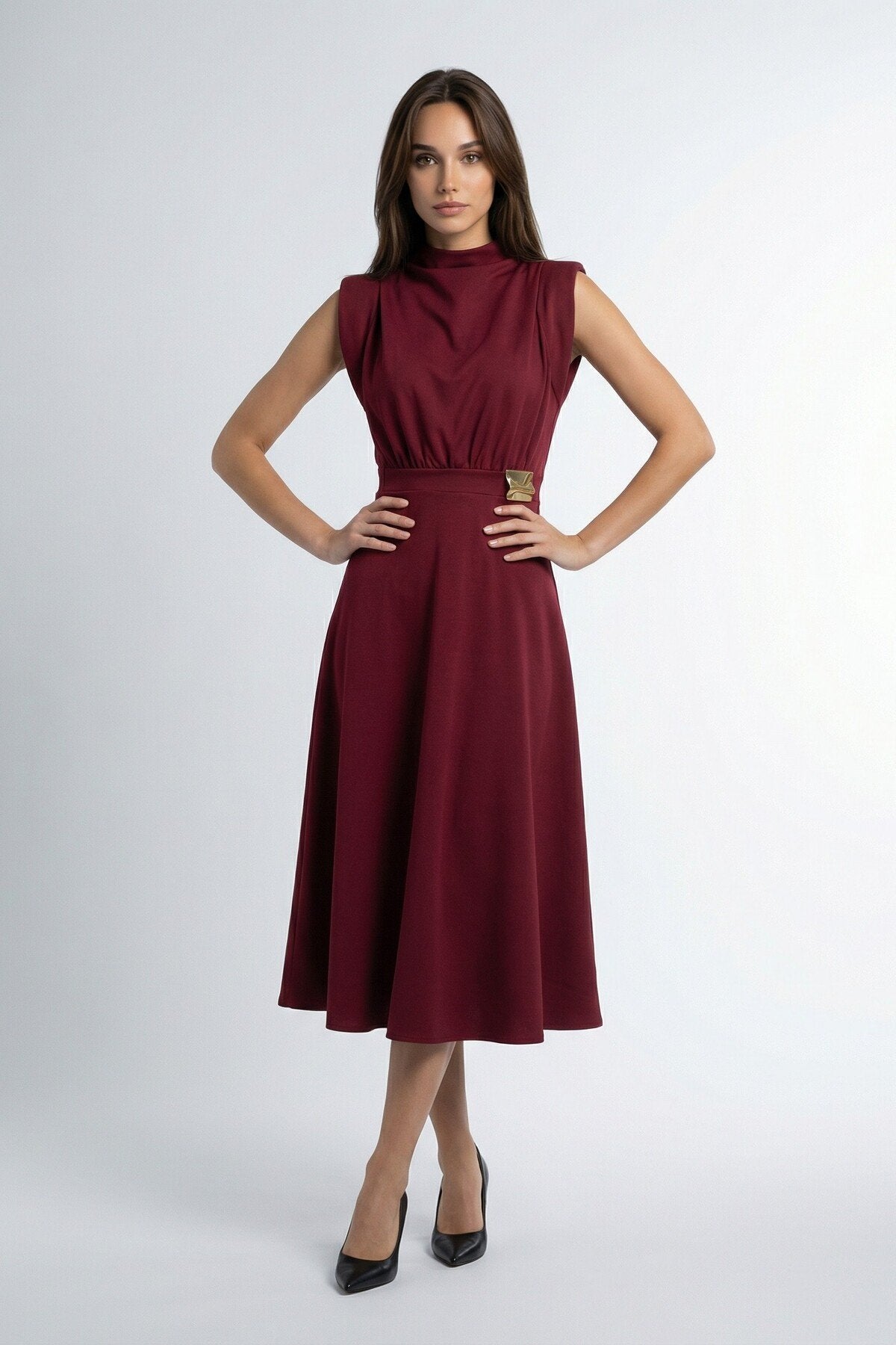 KADIN ETEĞİ KLOŞ MİDİ BOY VATKALI BROŞLU ESNEK KUMAŞ KOLSUZ ABİYE DÜĞÜN DAVET SÖZ NİŞAN ELBİSESİ