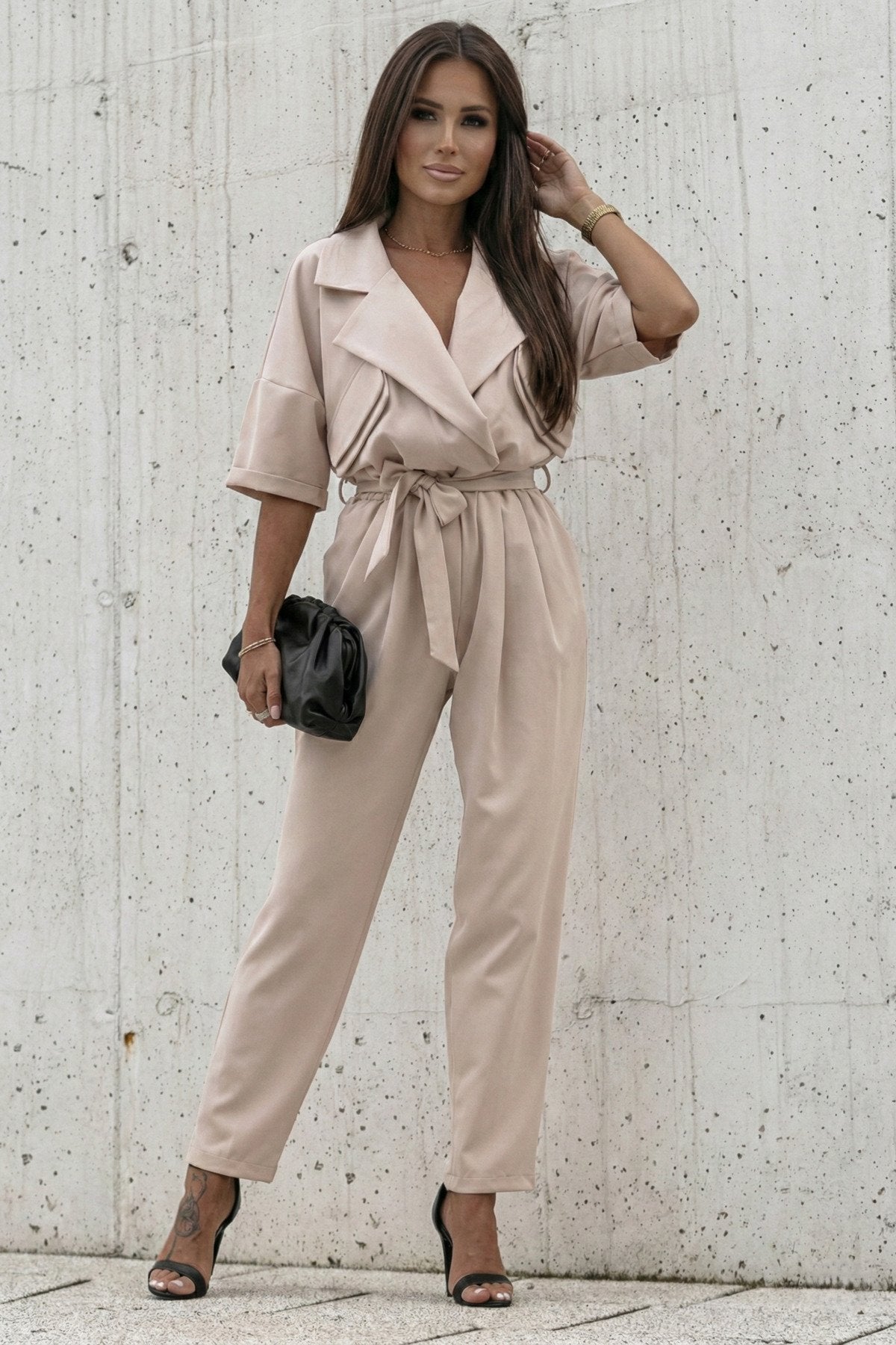 KADIN CEP DETAYLI KUŞAKLI GÖMLEK YAKA TULUM