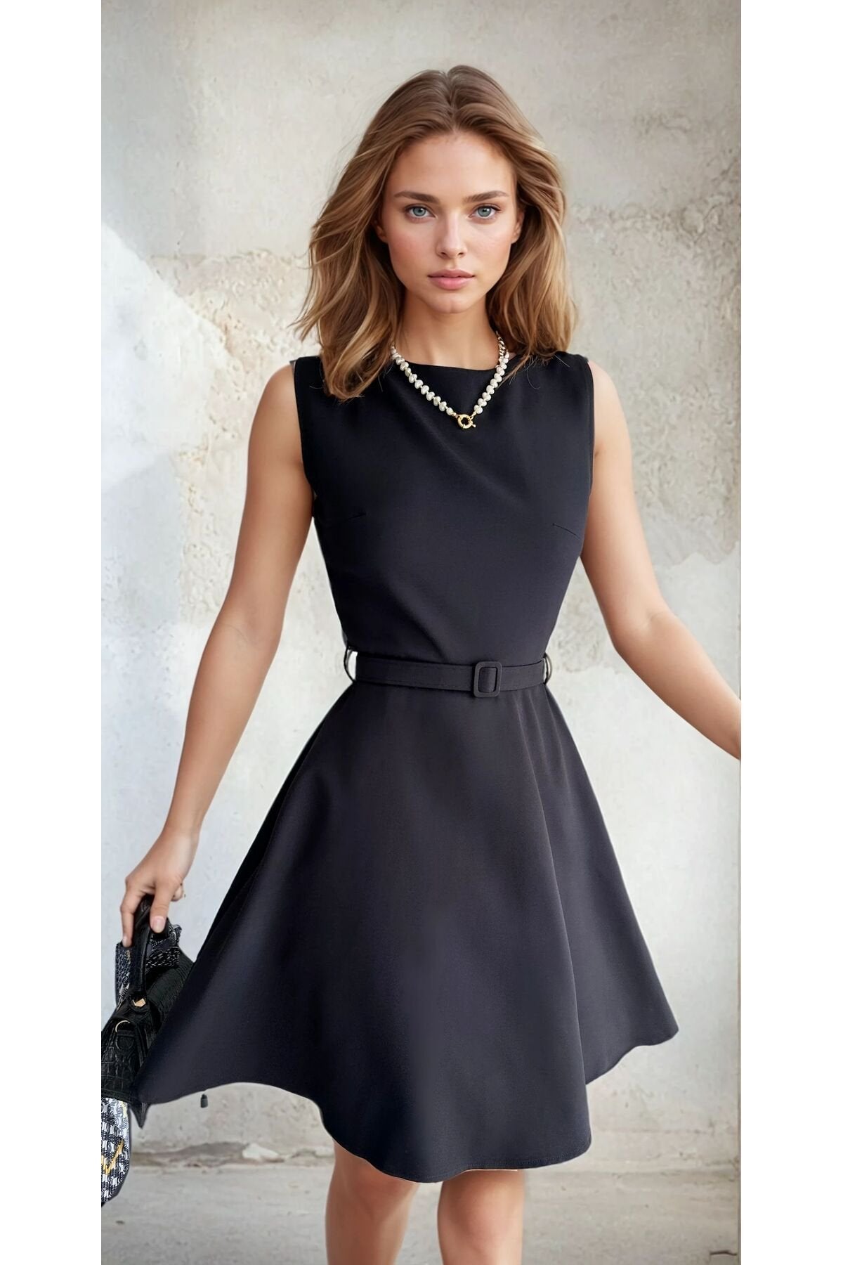 KADIN ATLAS KUMAŞ KEMERLİ VE CEPLİ KLOŞ ELBİSE