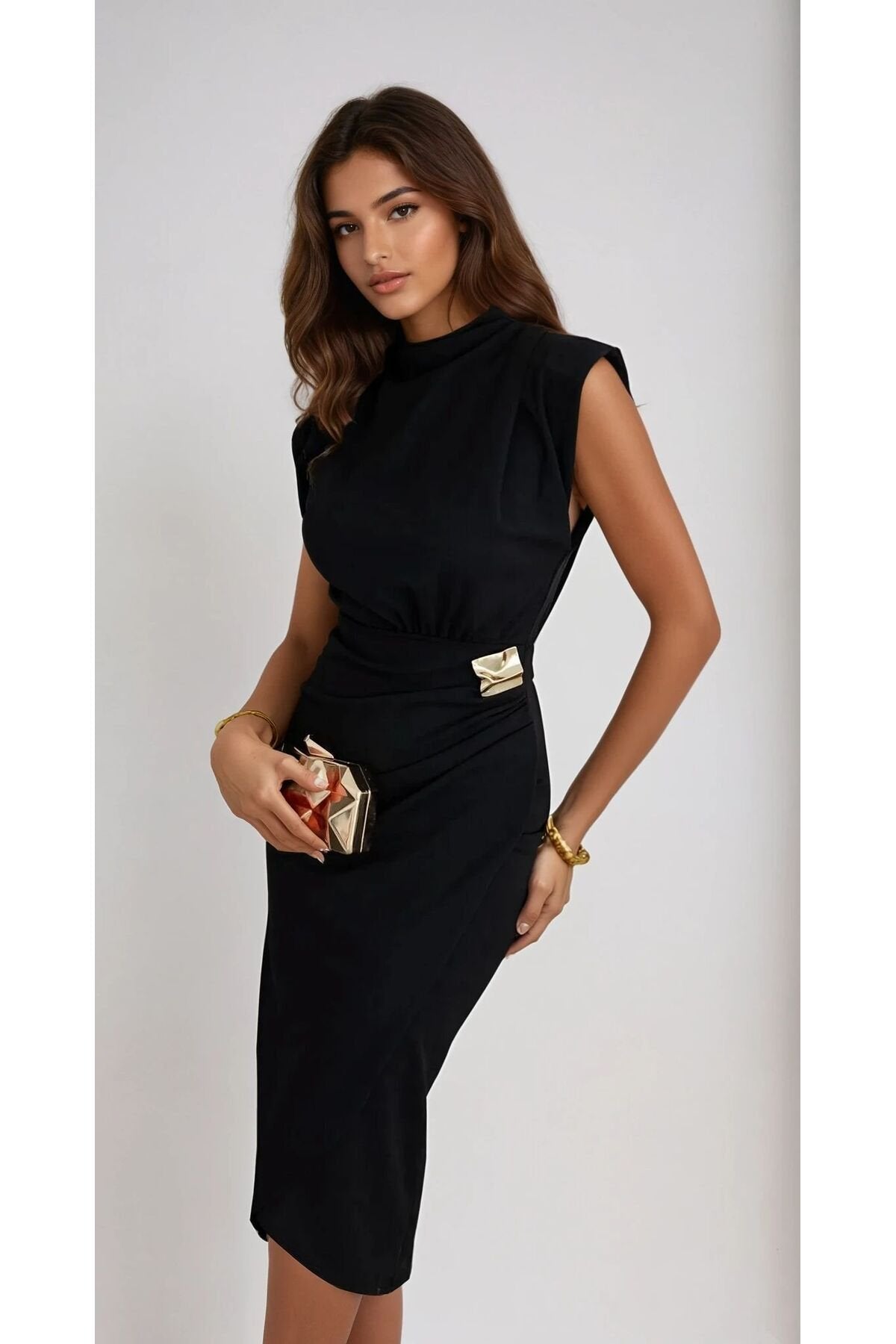 KADIN VATKALI BROŞ DETAYLI ESNEK KUMAŞ ANVELOP KESİM DÜĞÜN DAVET SÖZ NİŞAN ELBİSESİ