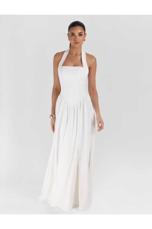 KADIN SIRT DEKOLTELİ KOLSUZ KLOŞ MAXİ BOY ELBİSE