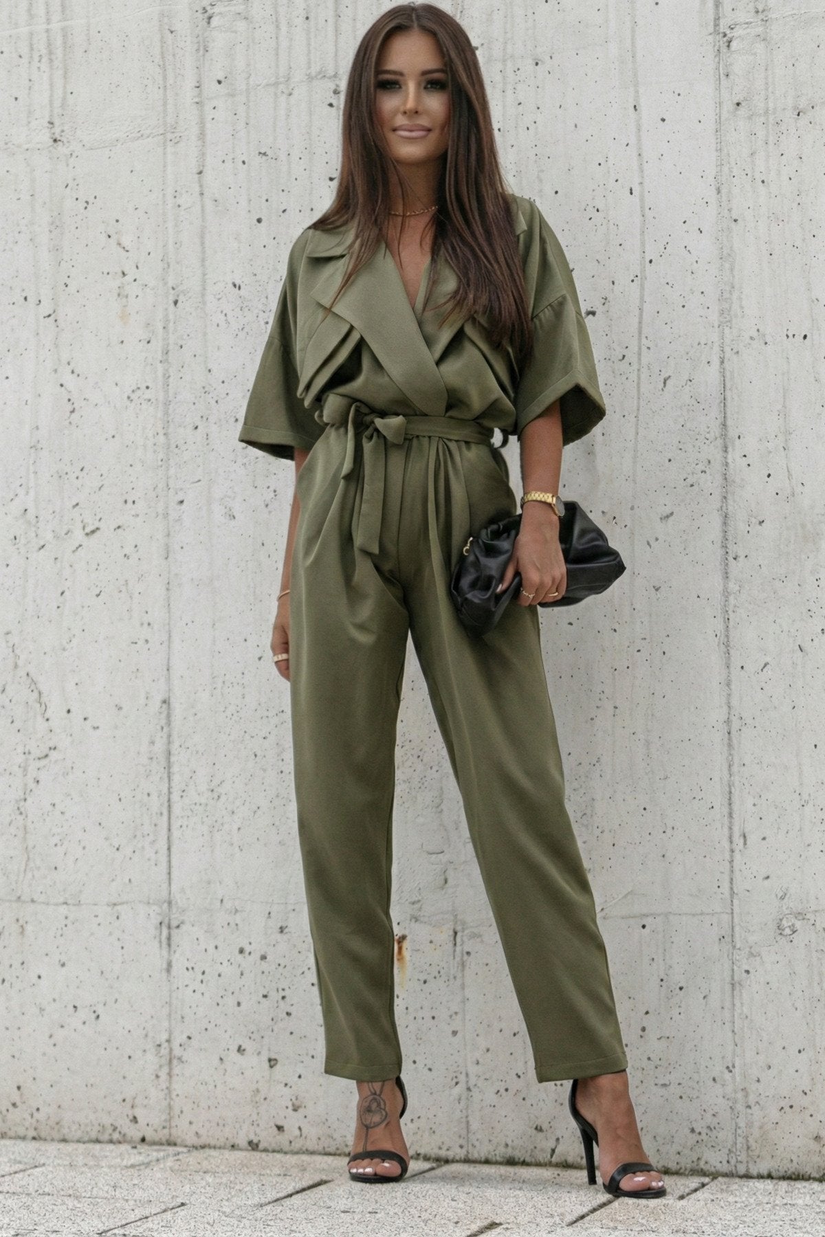 KADIN CEP DETAYLI KUŞAKLI GÖMLEK YAKA TULUM