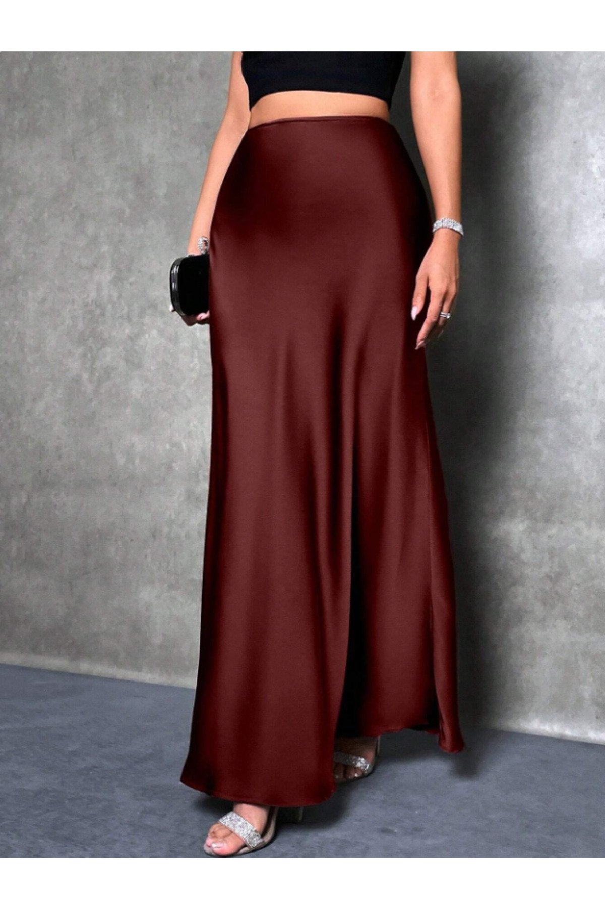 KADIN YÜKSEK BEL UZUN BOY SATEN ETEK