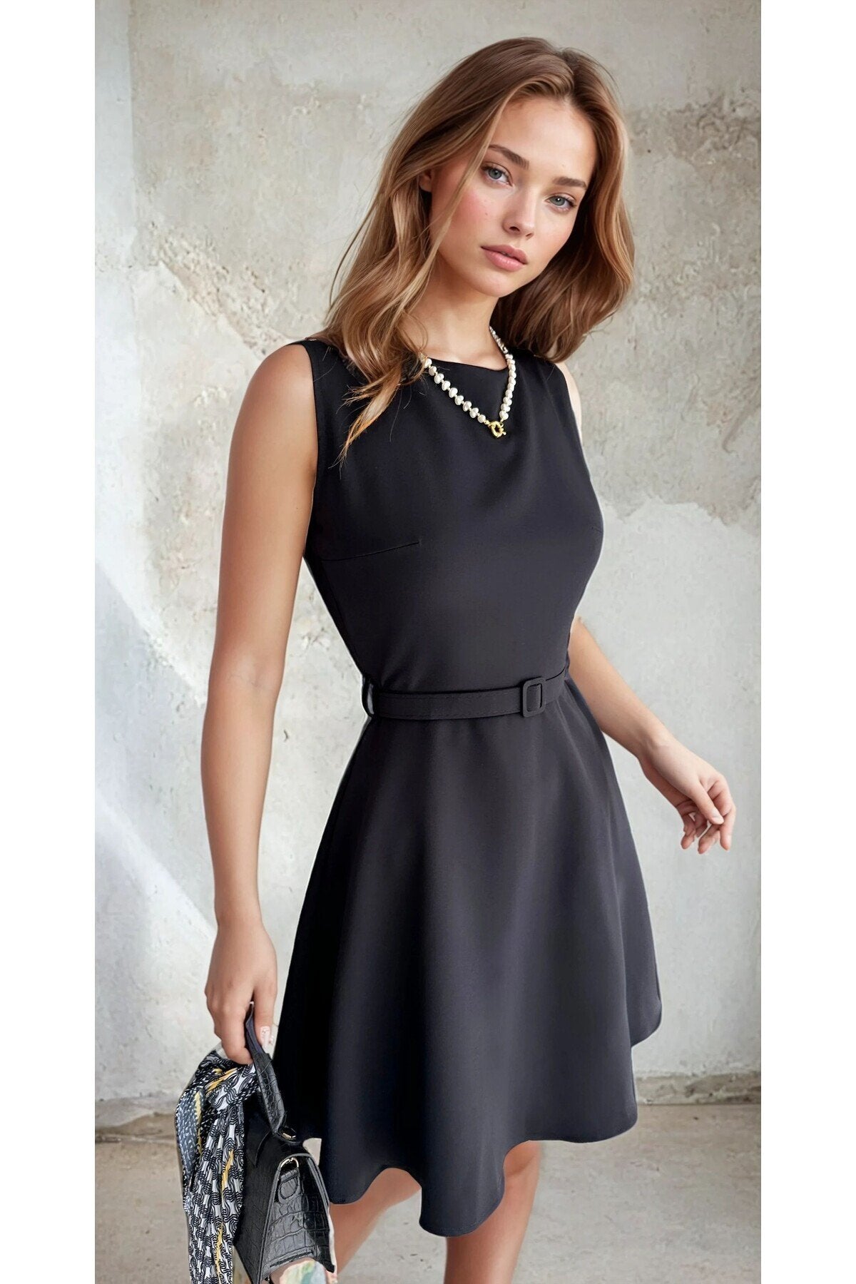 KADIN ATLAS KUMAŞ KEMERLİ VE CEPLİ KLOŞ ELBİSE