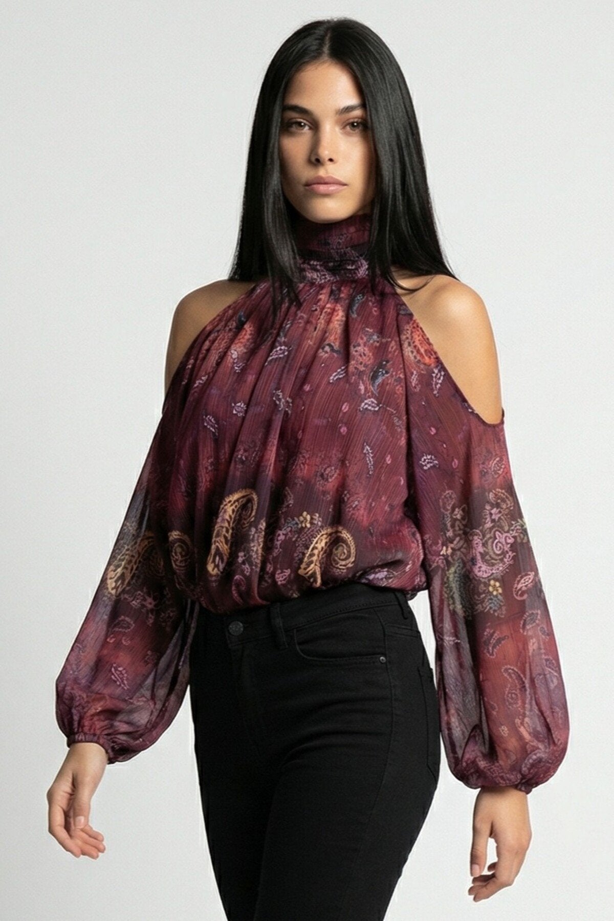 KADIN BALIKÇI YAKA BALON KOL OMUZU AÇIK ASTARLI ŞİFON BLUZ