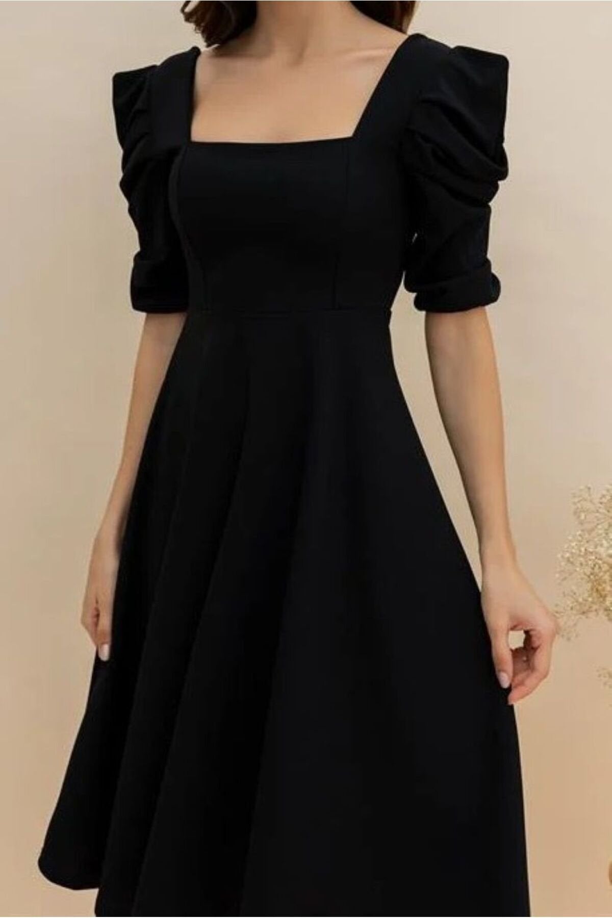 KADIN KARE YAKA PRENSES KOL ESNEK KUMAŞ MİDİ BOY KLOŞ ELBİSE