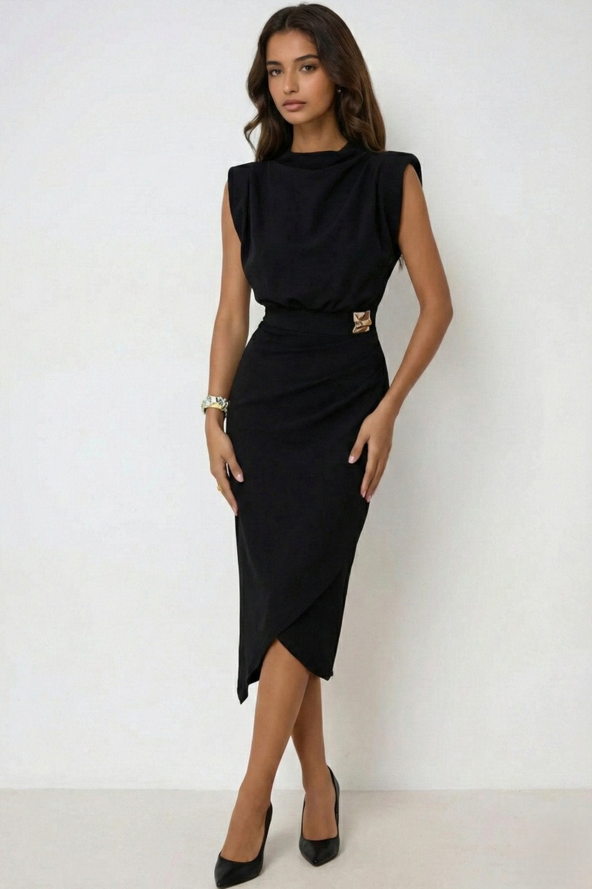 KADIN VATKALI BROŞ DETAYLI ESNEK KUMAŞ ANVELOP KESİM DÜĞÜN DAVET SÖZ NİŞAN ELBİSESİ