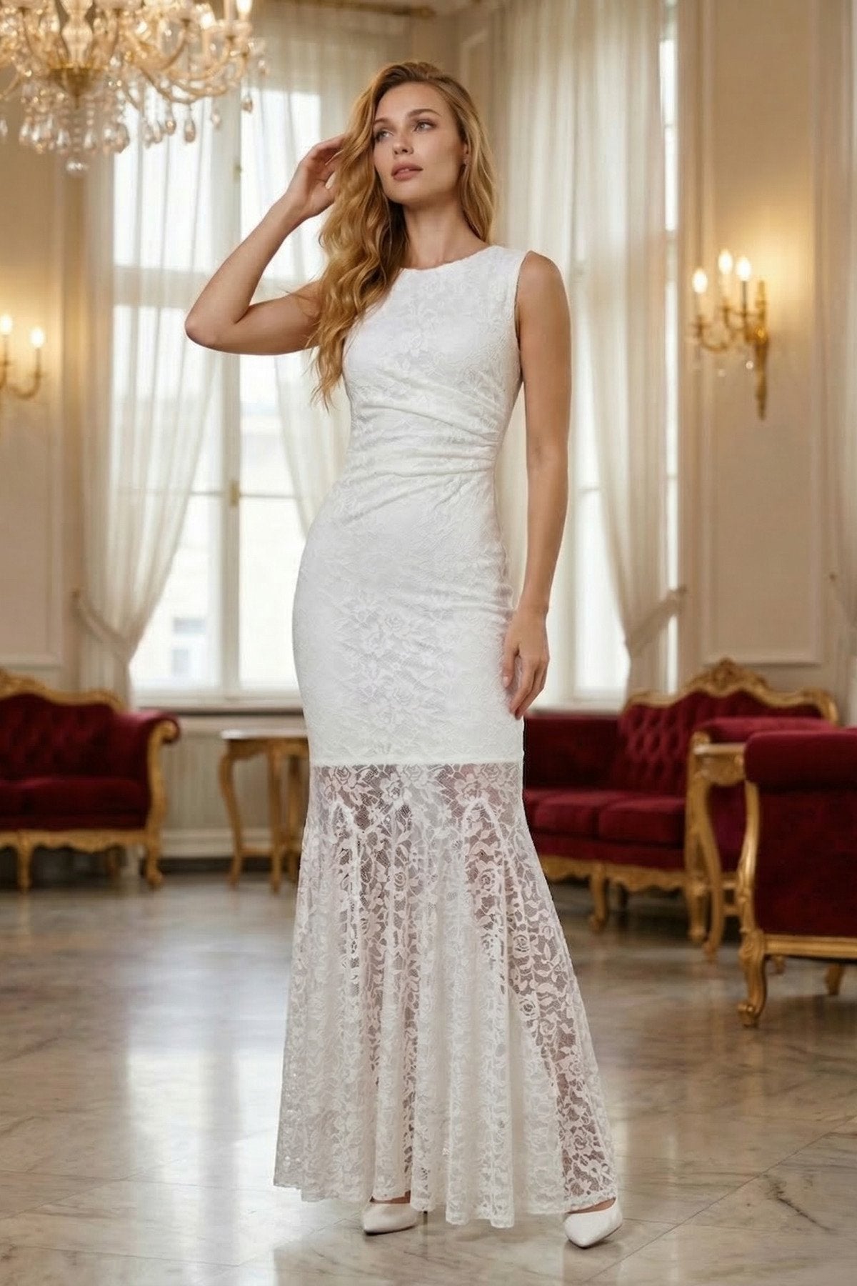 KADIN KOLSUZ DRAPE DETAYLI ASTARLI LİKRALI PREMİUM DANTEL KUMAŞ DAVET DÜĞÜN NİŞAN BALO SÖZ ELBİSESİ