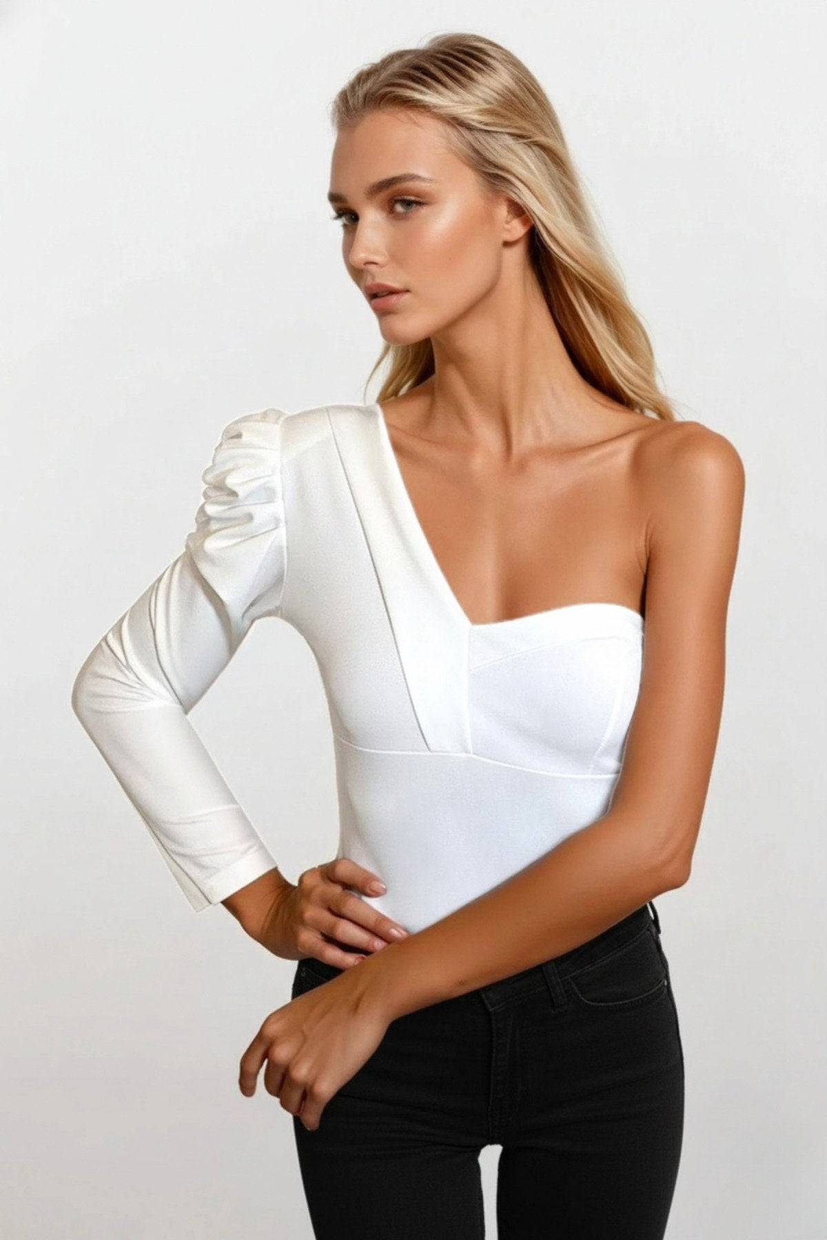 KADIN VATKALI TEK OMUZ TASARIM ESNEK ÖRME KUMAŞ BLUZ