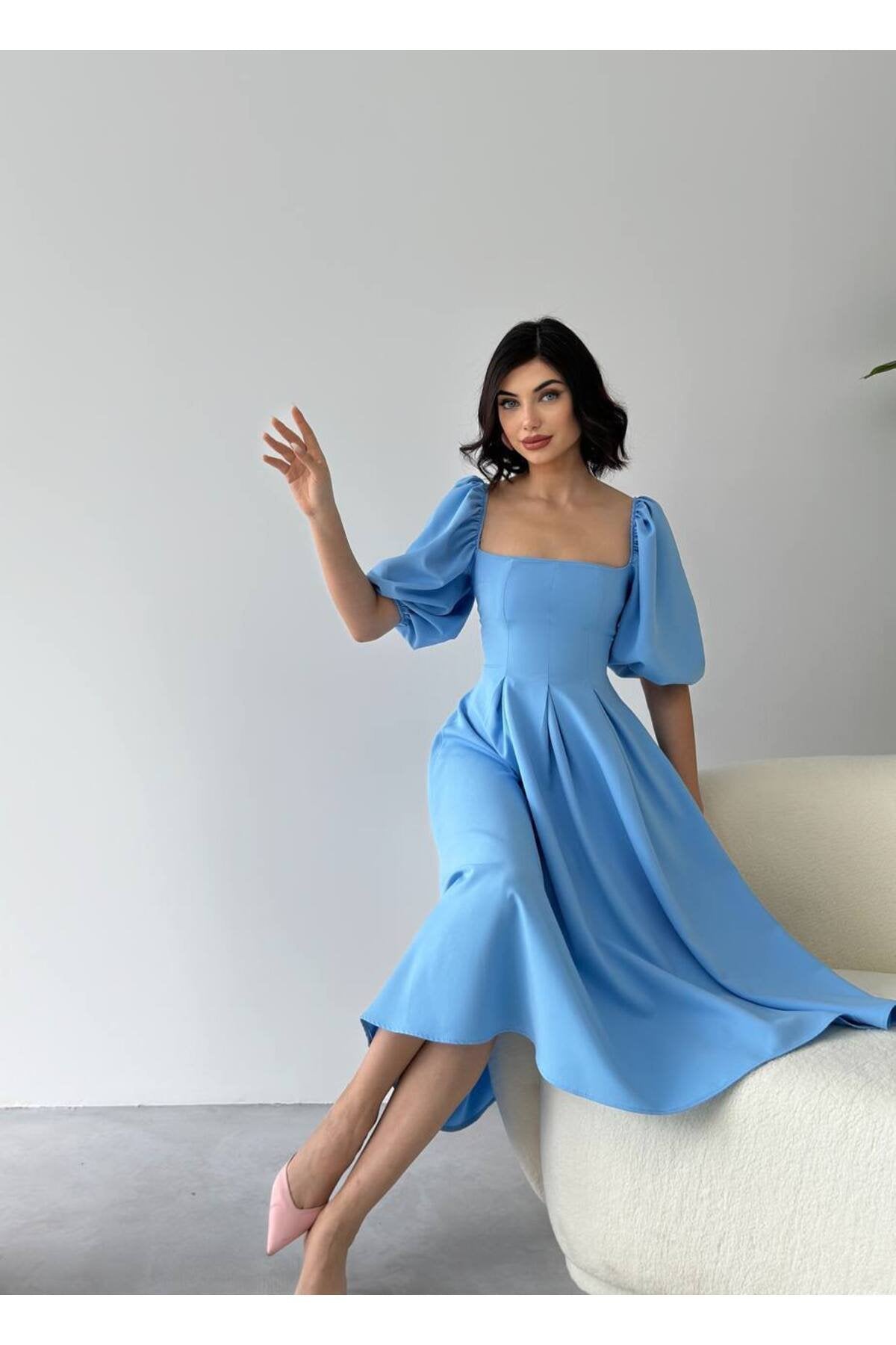 KADIN ATLAS KUMAŞ KARE YAKA BALON KOL KLOŞ KESİM MİDİ BOY NİKAH DÜĞÜN DAVET ELBİSESİ