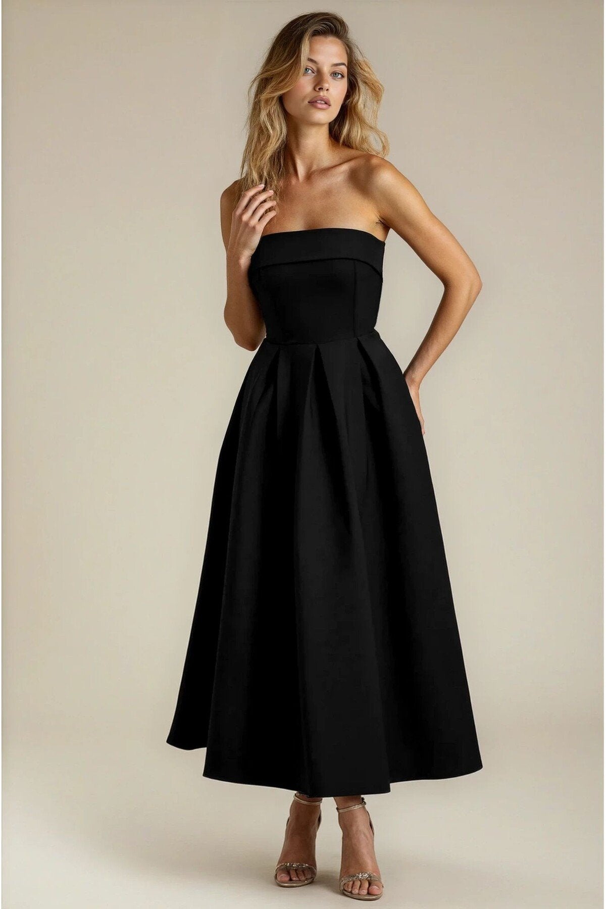 KADIN ATLAS KUMAŞ STRAPLEZ YAKA KLOŞ KESİM UZUN BOY DÜĞÜN NİŞAN DAVET ELBİSESİ