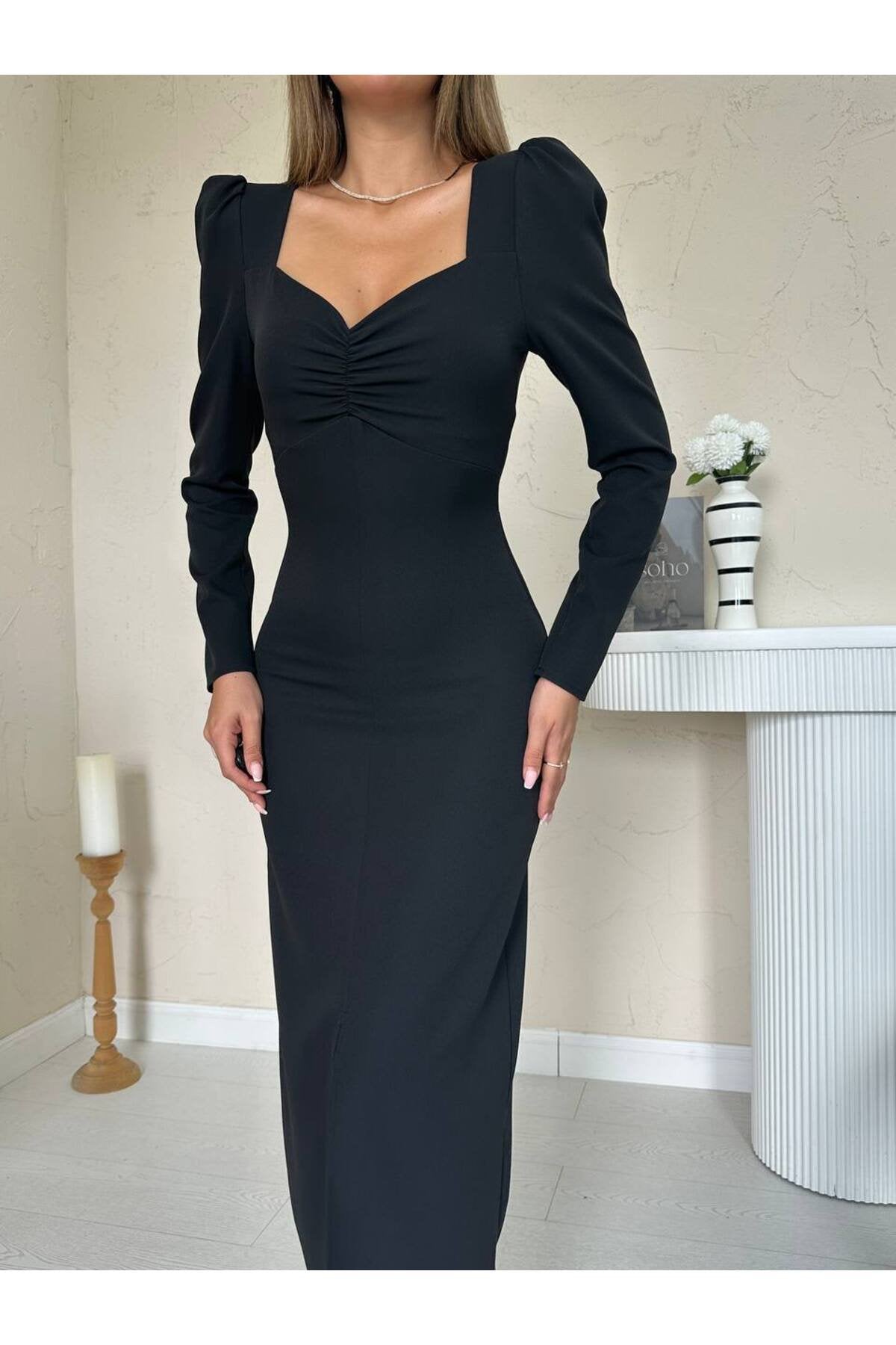 KADIN KALP YAKA ÖNÜ BÜZGÜLÜ PRENSES KOL YIRTMAÇ DETAYLI FİTTED KALIP ELBİSE