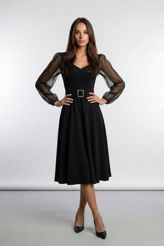 KADIN KALP YAKA KOLU TÜLLÜ TOKA DETAYLI ESNEK KUMAŞ MİDİ BOY KLOŞ SÖZ DÜĞÜN DAVET ELBİSESİ