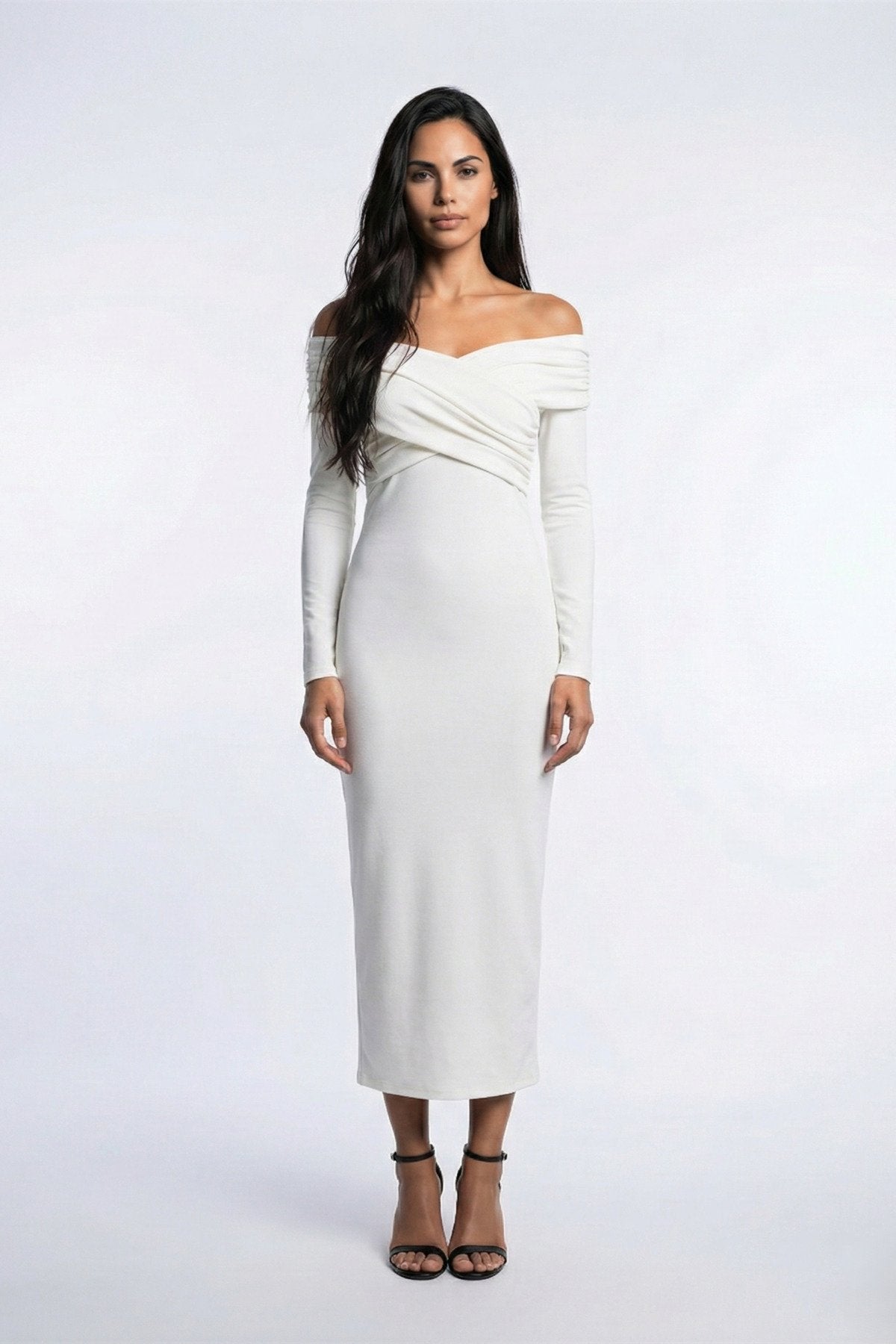 KADIN ÇAPRAZ YAKA DRAPE DETAYLI ESNEK KUMAŞ TASARIM ELBİSE