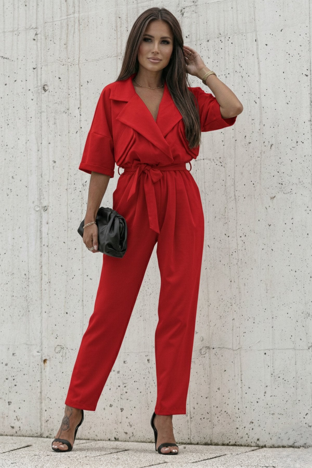 KADIN CEP DETAYLI KUŞAKLI GÖMLEK YAKA TULUM