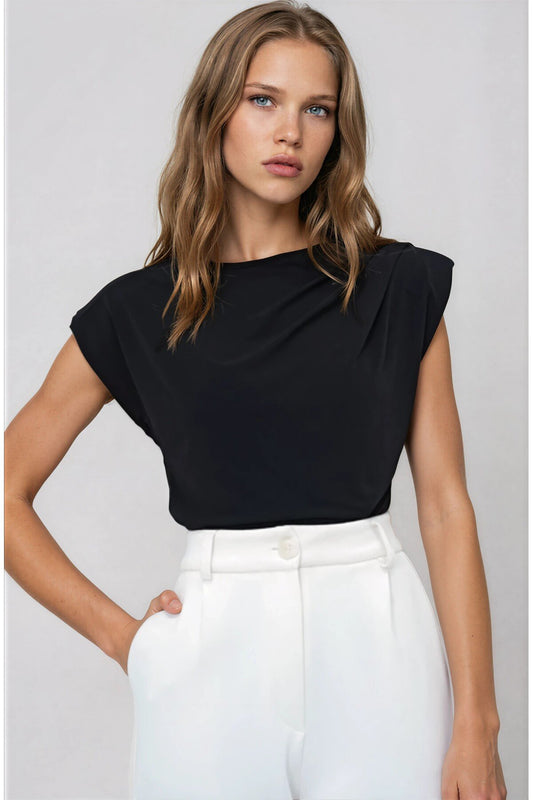 KADIN DRAPE DETAYLI VATKALI ESNEK SANDY KUMAŞ BLUZ