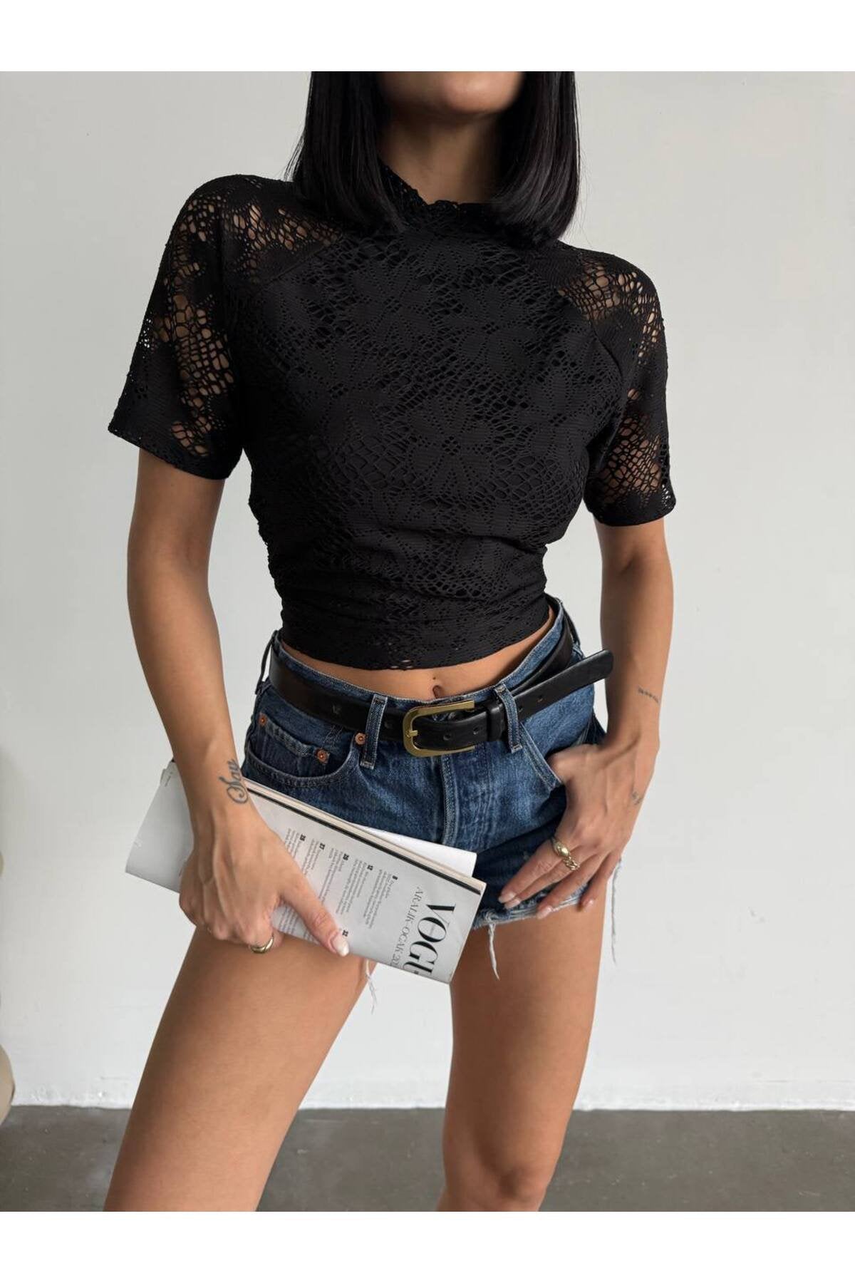 KADIN ARKASI KUŞAKLI ASTARLI DANTEL BLUZ