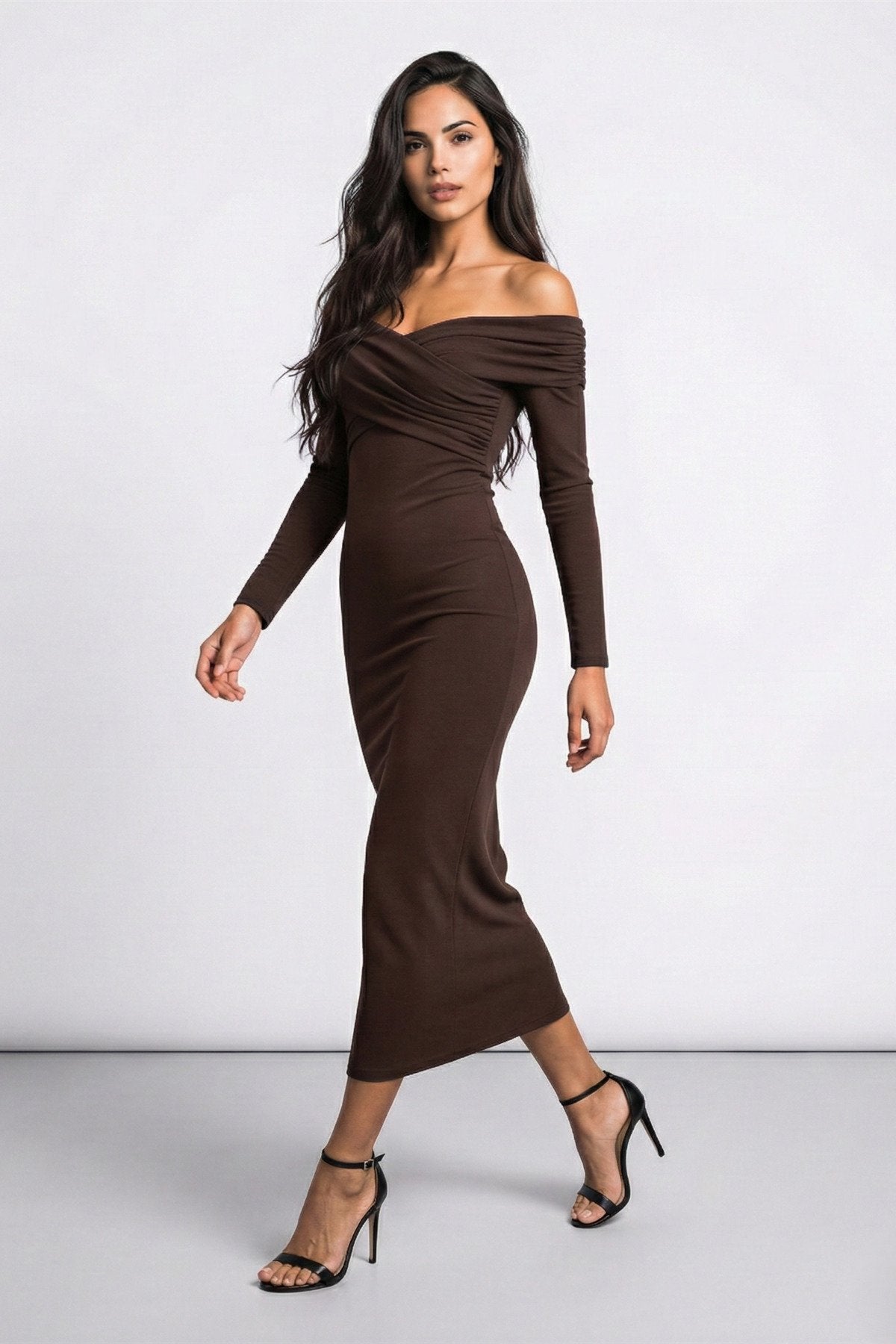 KADIN ÇAPRAZ YAKA DRAPE DETAYLI ESNEK KUMAŞ TASARIM ELBİSE