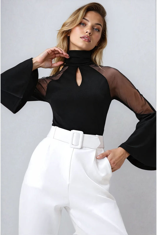 KADIN CUT OUT DETAYLI İSPANYOL KOL TÜL GARNİLİ BALIKÇI YAKA ESNEK KUMAŞ BLUZ