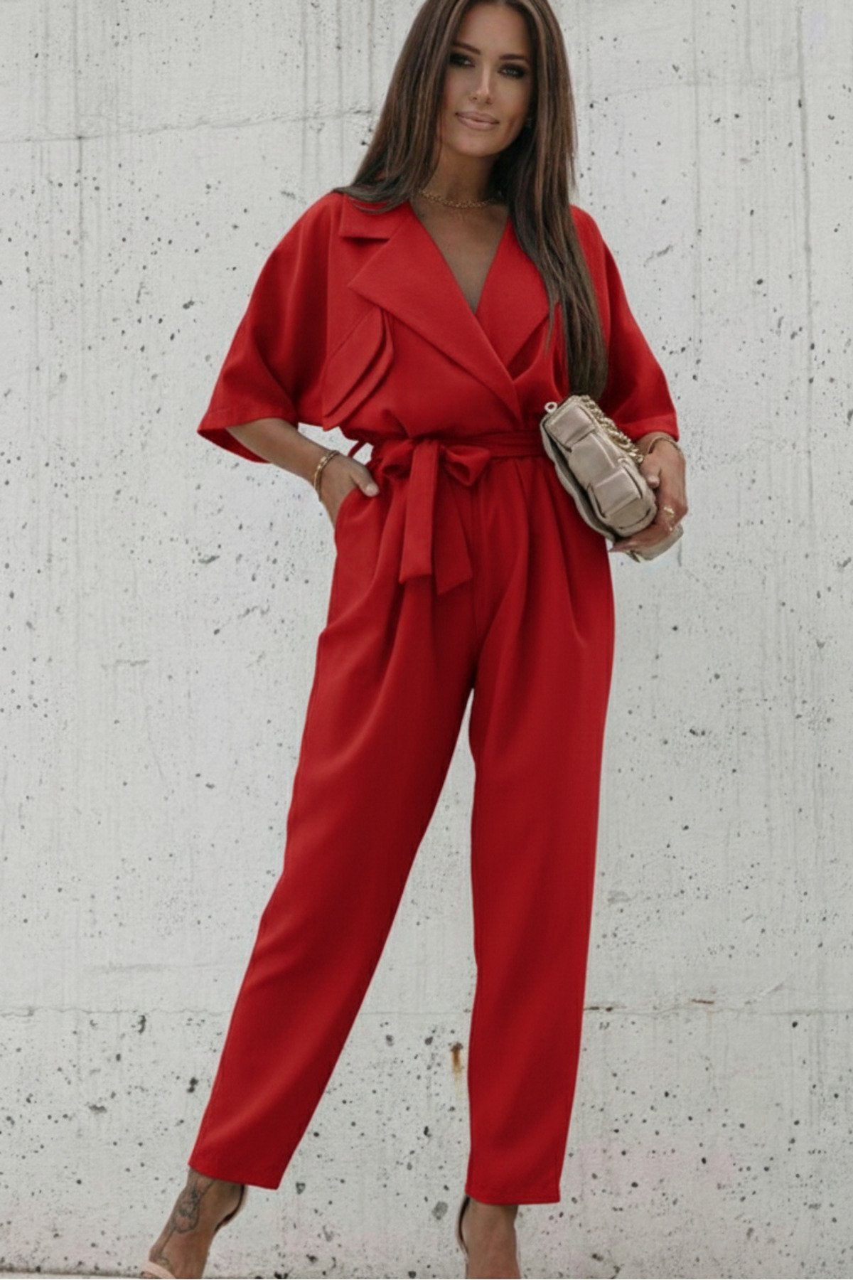 KADIN CEP DETAYLI KUŞAKLI GÖMLEK YAKA TULUM