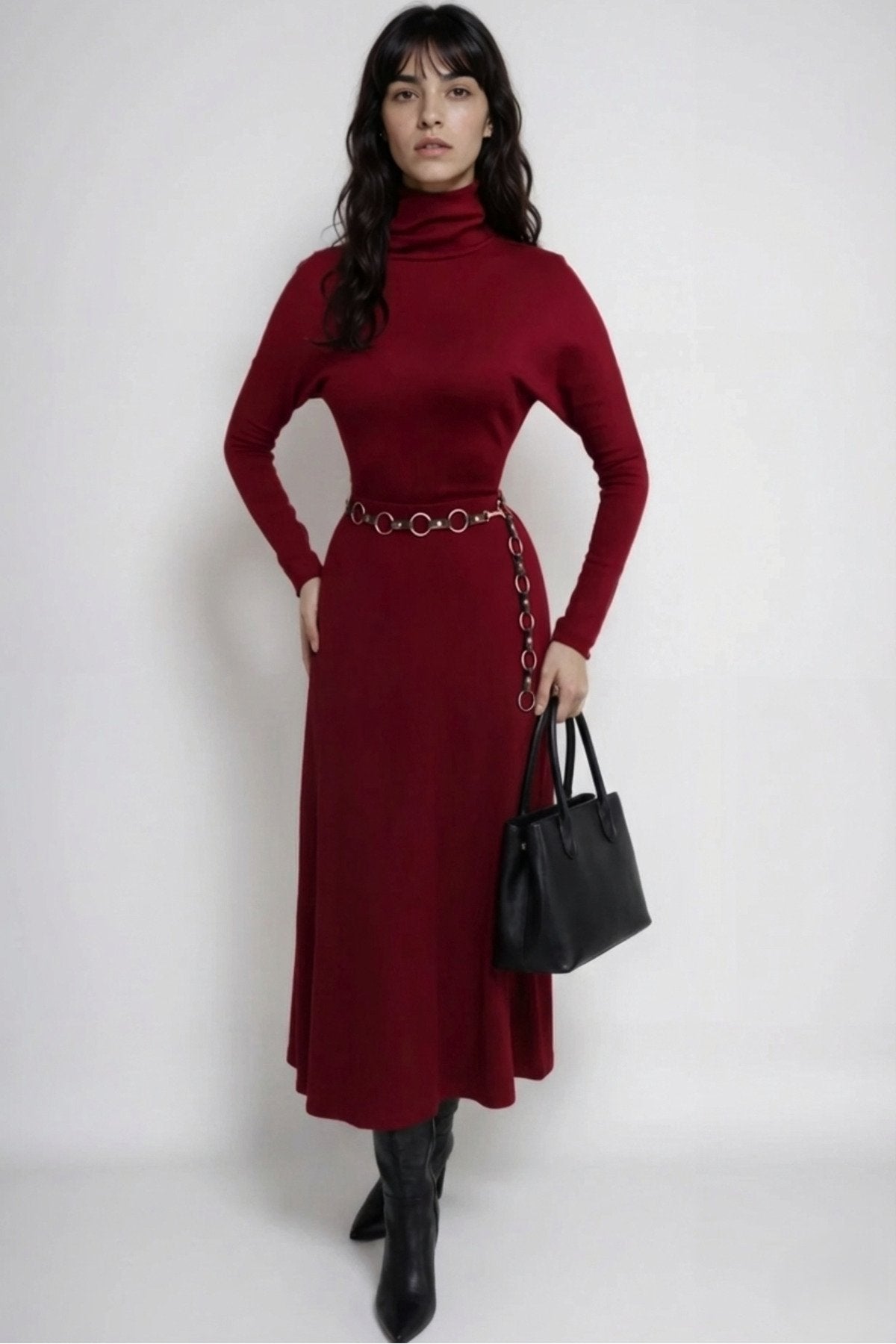 KADIN ESNEK TRİKO KUMAŞ DİK YAKA UZUN KOLLU KLOŞ ELBİSE