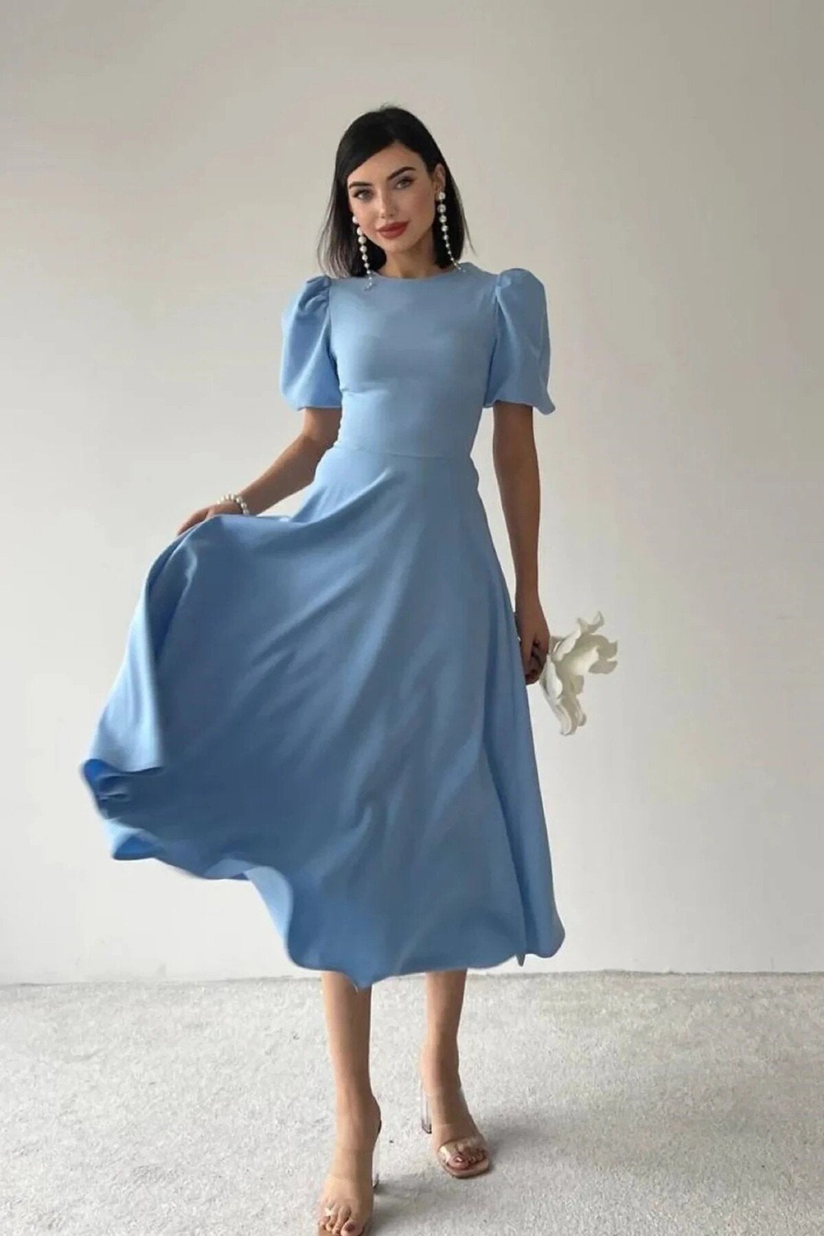 KADIN BALON KOL ETEĞİ KLOŞ MİDİ BOY ELBİSE