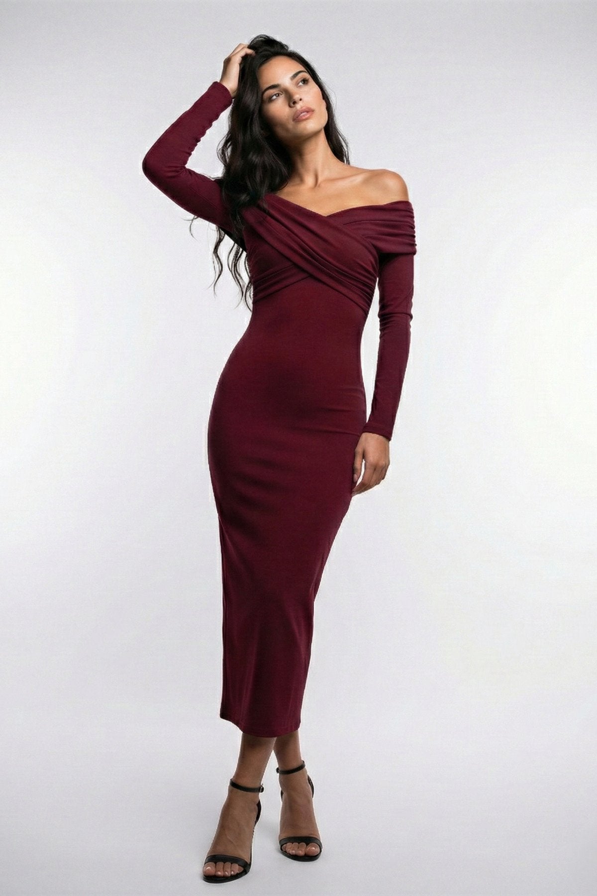 KADIN ÇAPRAZ YAKA DRAPE DETAYLI ESNEK KUMAŞ TASARIM ELBİSE