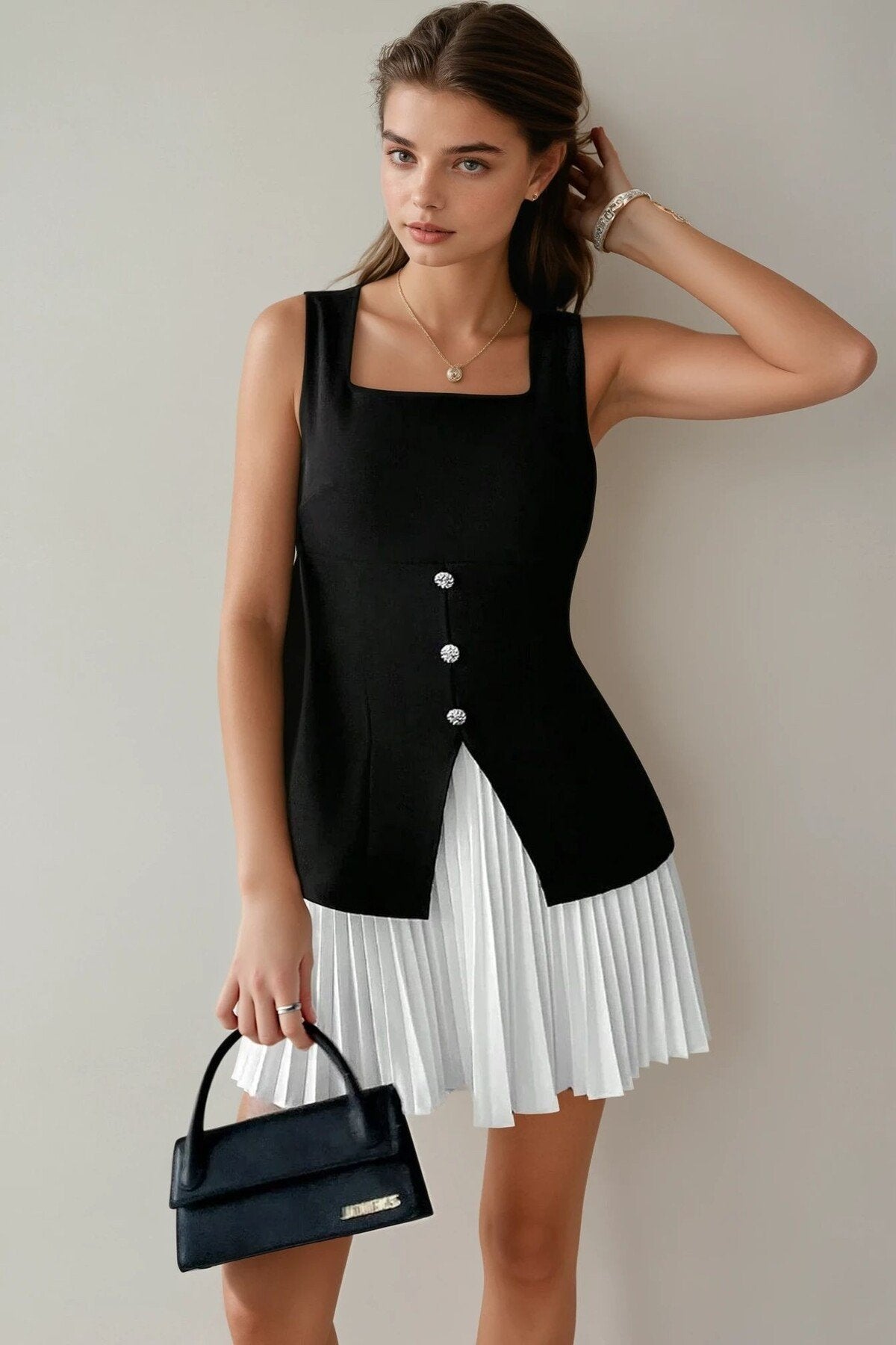 KADIN ETEĞİ PİLİSELİ DÜĞME DETAYLI KARE YAKA KOLSUZ ABİYE DÜĞÜN SÖZ DAVET MEZUNİYET BALO ELBİSESİ