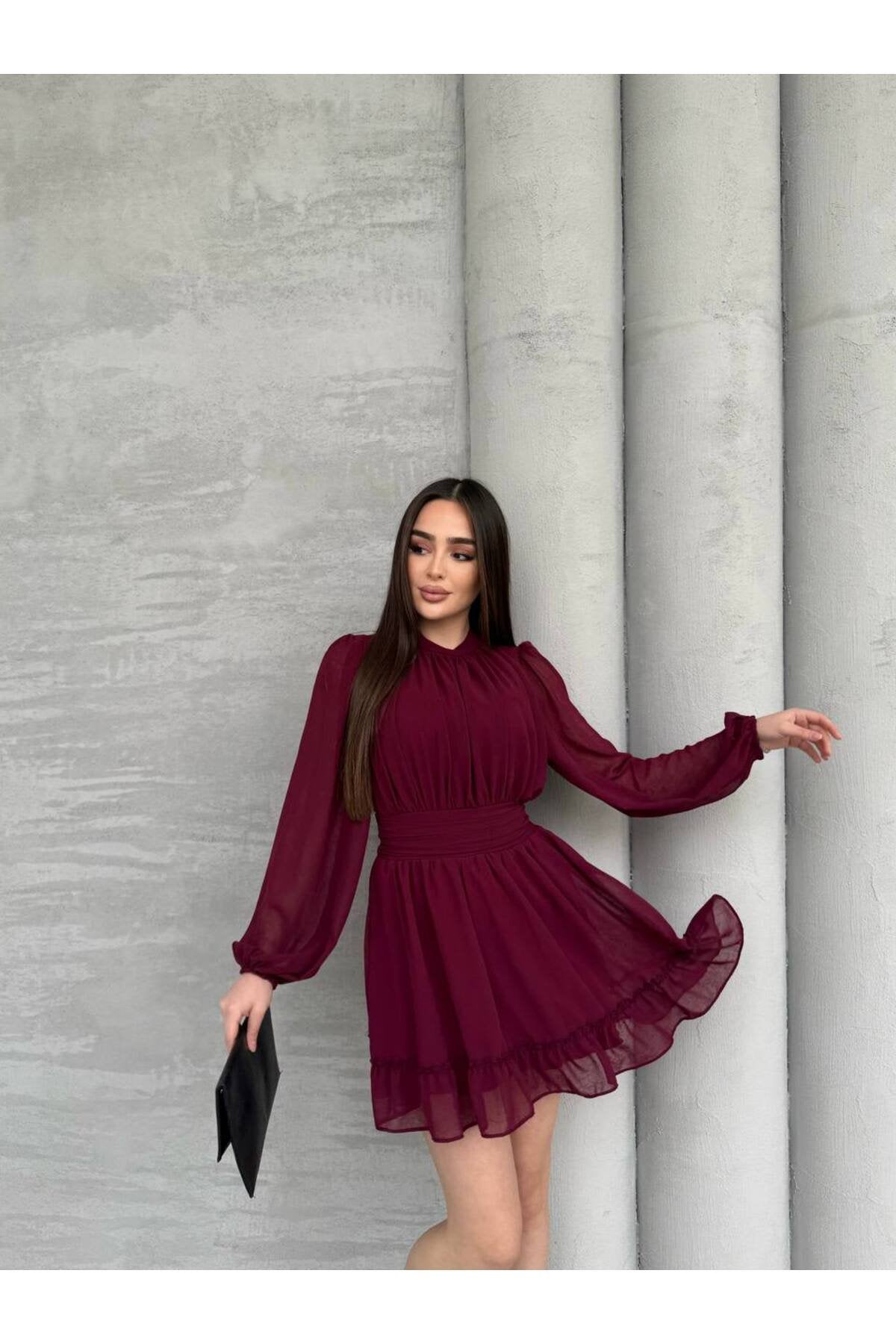 KADIN ETEĞİ FIRFIRLI BÜZGÜ DETAYLI BALON KOL ŞİFON ELBİSE