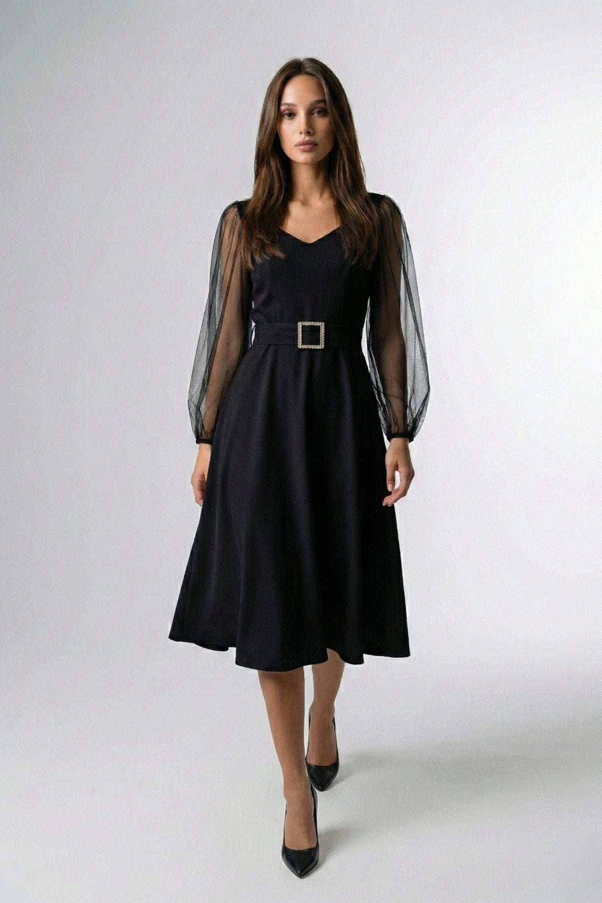 KADIN KALP YAKA KOLU TÜLLÜ TOKA DETAYLI ESNEK KUMAŞ MİDİ BOY KLOŞ SÖZ DÜĞÜN DAVET ELBİSESİ