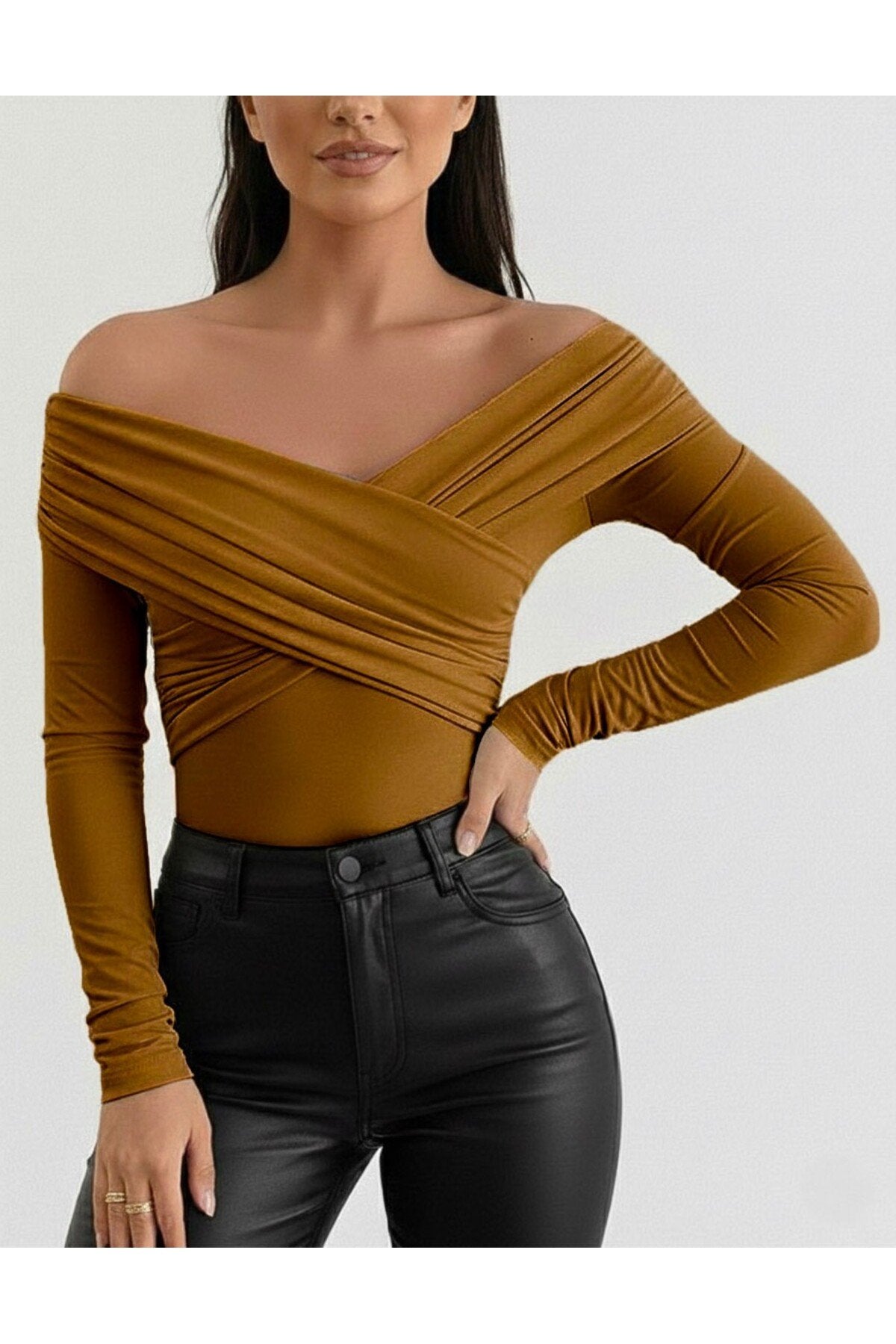 KADIN ÇAPRAZ YAKA DRAPE DETAYLI ESNEK KUMAŞ TASARIM BLUZ