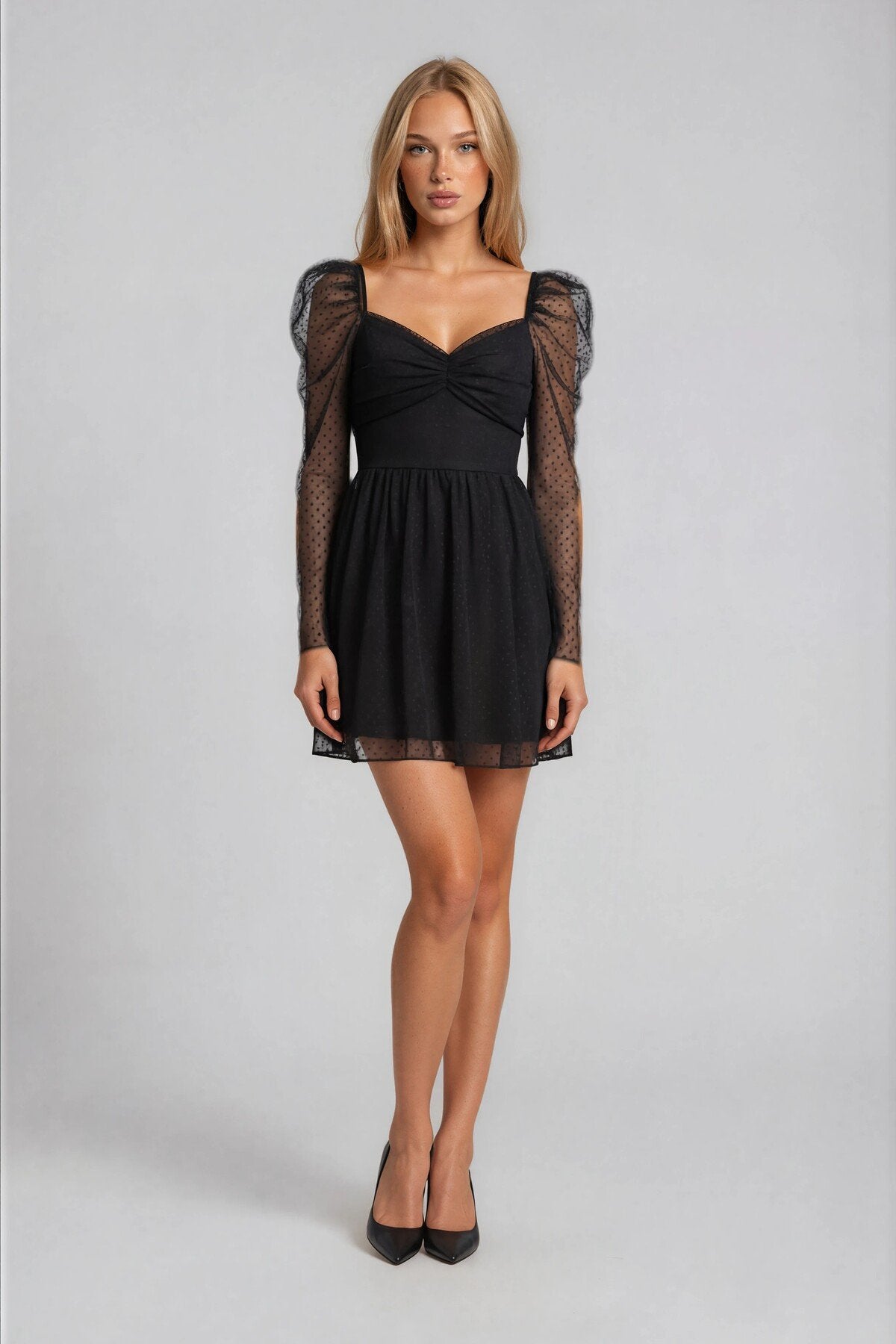 KADIN DRAPE DETAYLI PUANTİYE DESENLİ ETEĞİ KLOŞ ABİYE DÜĞÜN DAVET SÖZ BALO MEZUNİYET ELBİSESİ