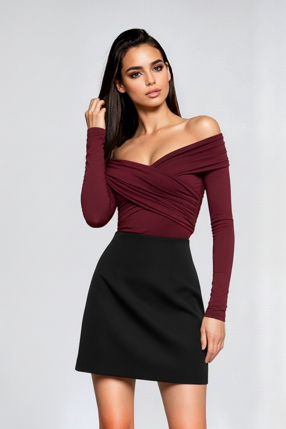 KADIN ÇAPRAZ YAKA DRAPE DETAYLI ESNEK KUMAŞ TASARIM BLUZ